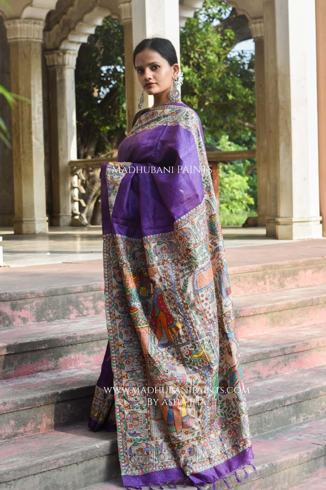 Gaon Ghaar Madhubani Hand-painted Tussar Silk Saree — image 2 of 7
