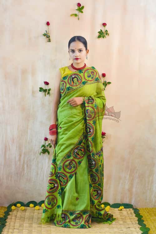 'Bengali Wedding' Handpainted Madhubani Chanderi Saree — image 3 of 6