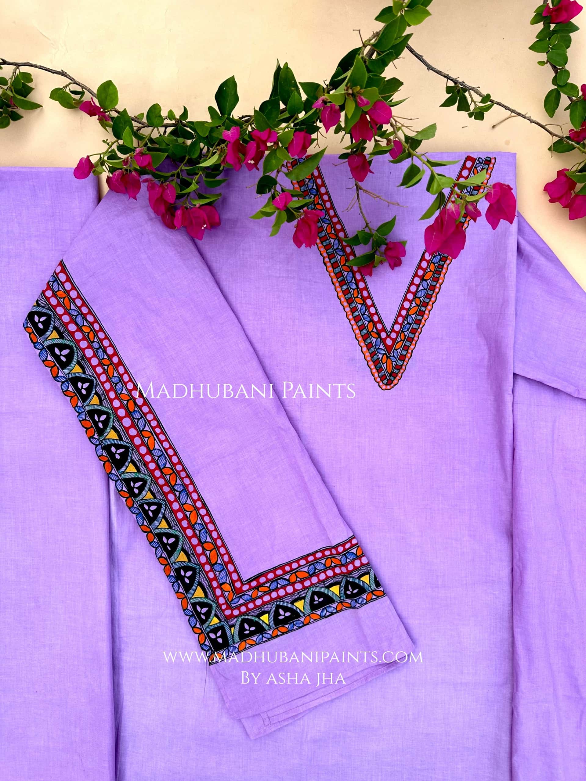 Lilac Radha Krishna Hand-painted Madhubani Painting Cotton Unstitched Kurta — image 3 of 3