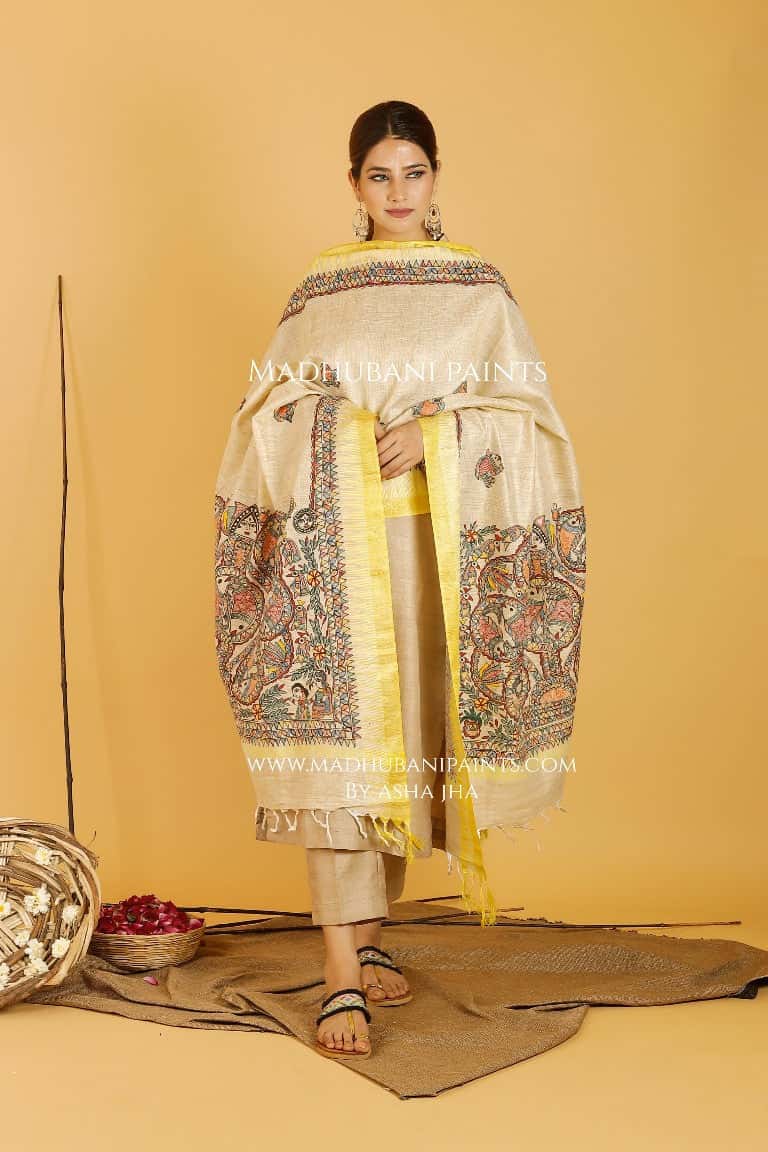 Mithila Kohbar Madhubani Handpainted Pure Handloom Cotton Dupatta — image 3 of 3