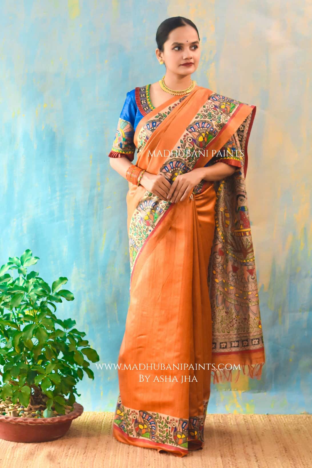 'NARANGI DOLI' Hand Painted  Madhubani Tussar Silk Saree Blouse Set — image 2 of 8