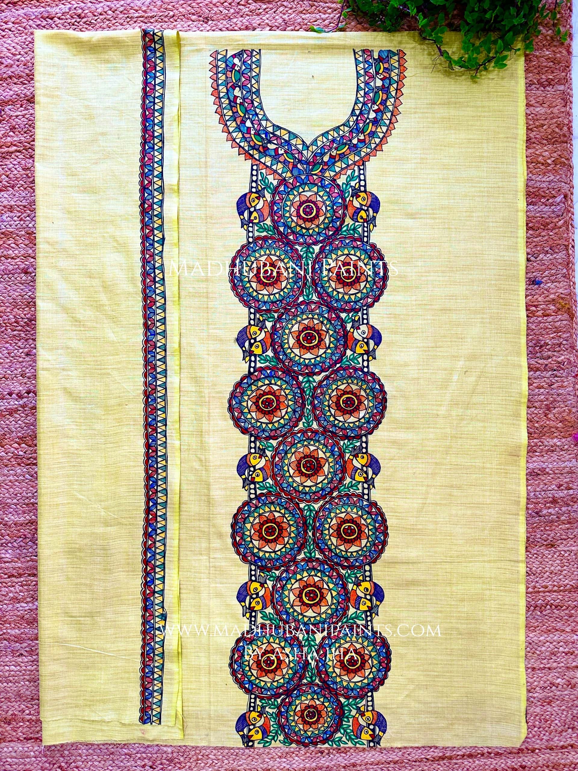 Phoolwari Matsya Hand-painted Madhubani Painting Cotton Unstitched  Kurta — image 2 of 2