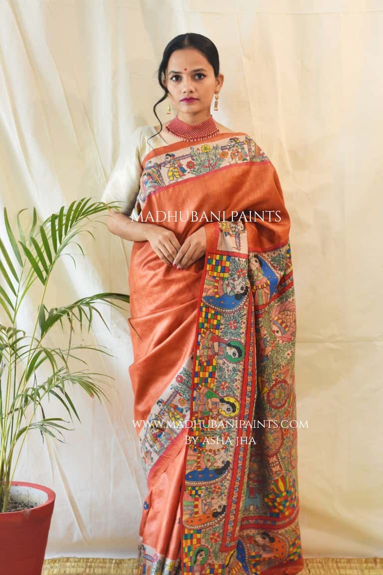 Madhubani Paints Kohbar Rust Orange Saree — image 4 of 4
