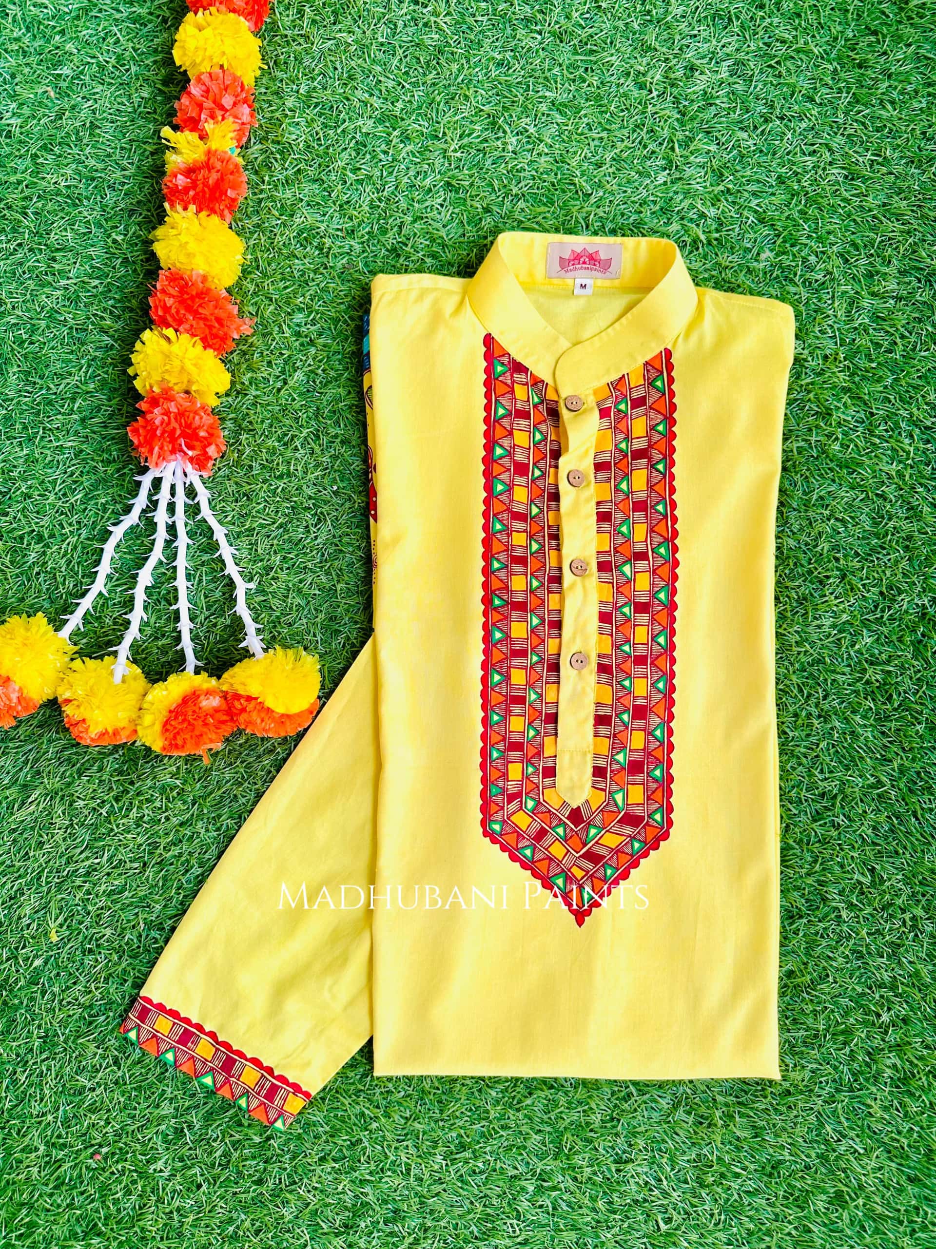 Yellow Chhath Puja Hand-painted  Madhubani Men's Cotton Kurta — image 7 of 8