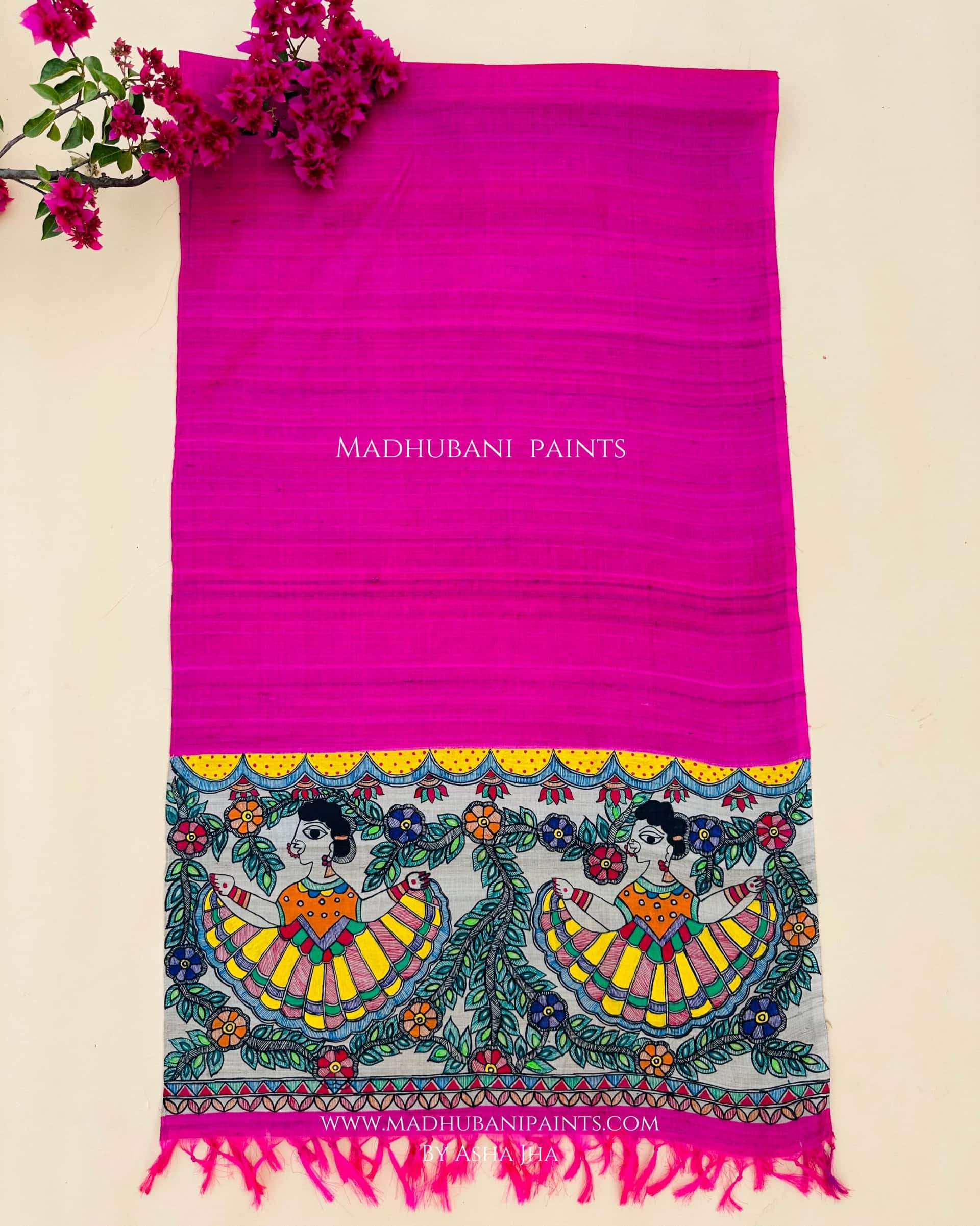Pink Vrindavan Gudiya Tussar Silk Madhubani Hand-painted Stole — image 2 of 3