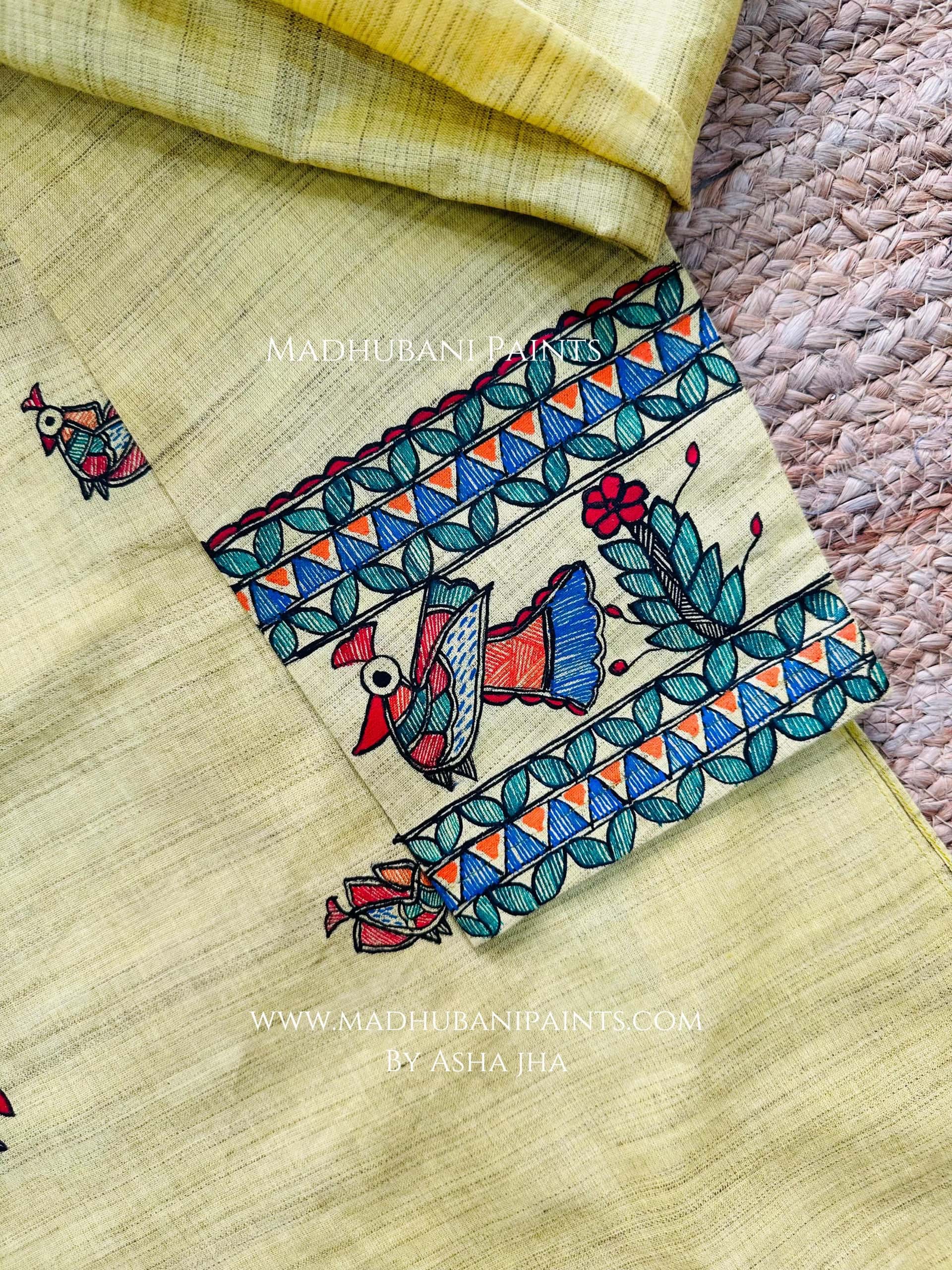 Yellow Mayuri Hand-painted Handloom Men's Cotton Kurta — image 3 of 9