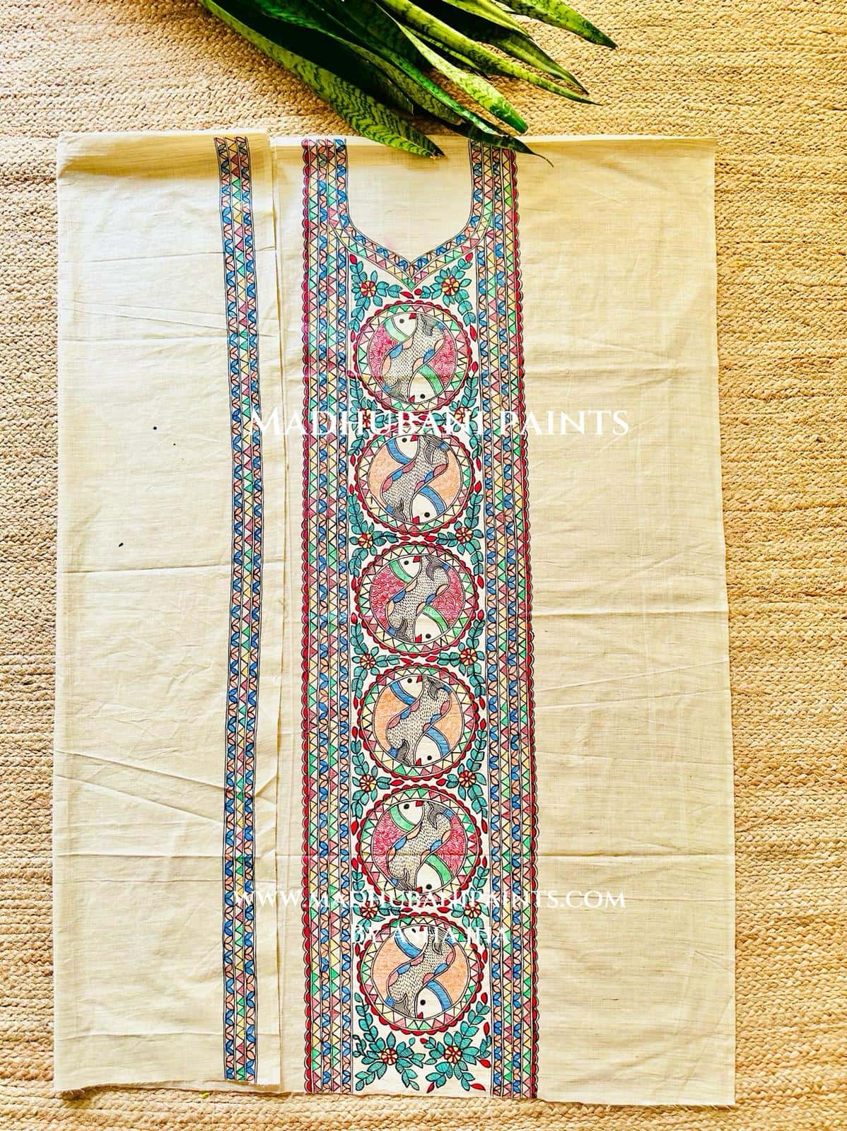 Kohbar Matsya Leela Hand-painted Madhubani Painting Cotton Unstitched Kurta Pant Dupatta Set — image 3 of 3