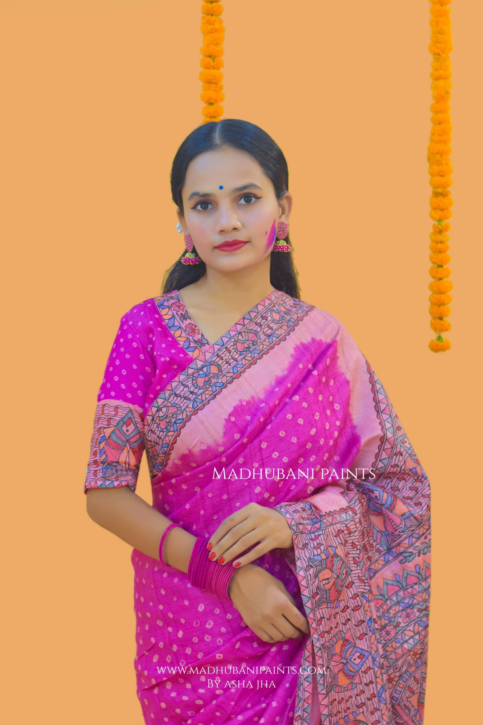 MATSYA BANDHINI MANDALI Hand-painted Madhubani Tussar Silk Saree Blouse Set — image 3 of 11