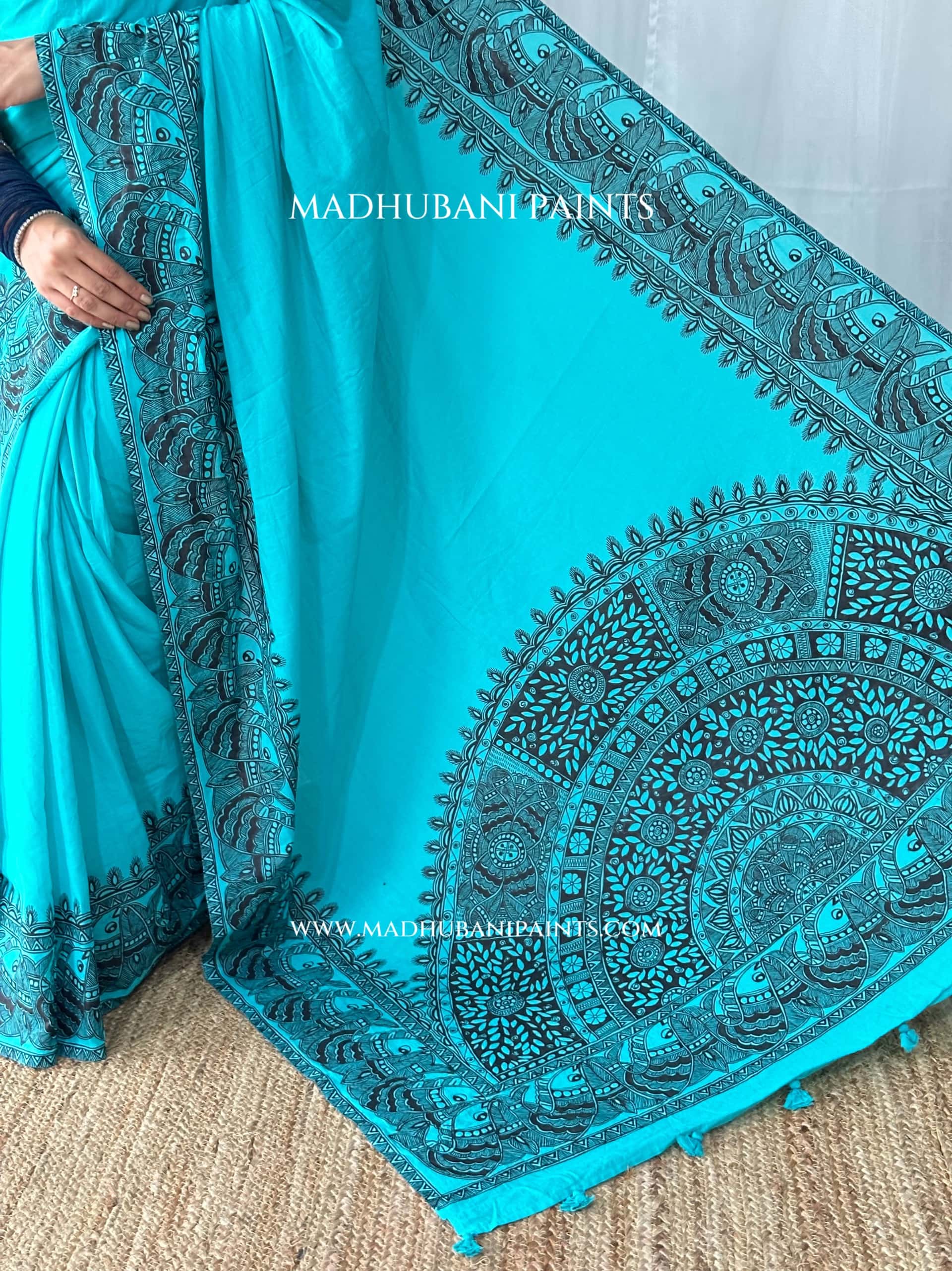 Aasmani Shringar Hand-painted Madhubani Painting Cotton Saree — image 5 of 10