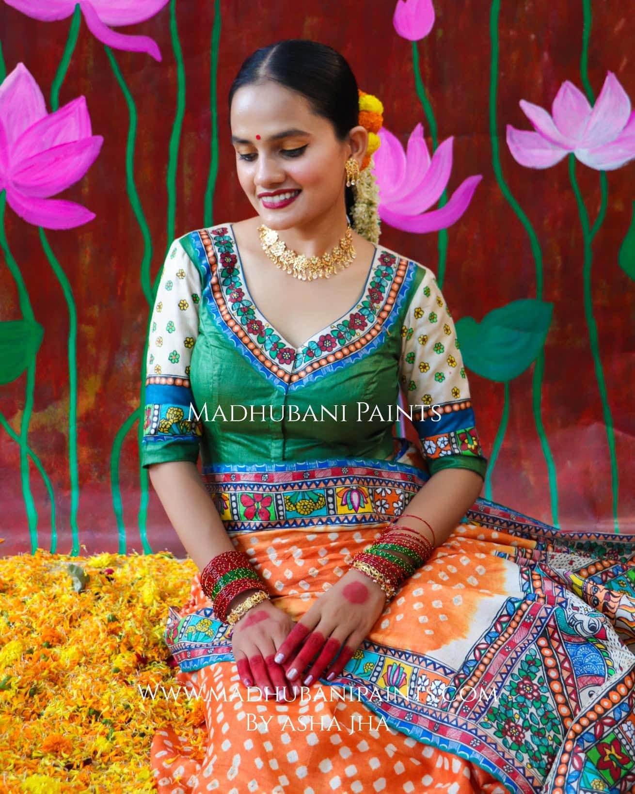 "BHARAT KA DUSSEHRA" Handpainted Madhubani Bandhini Tussar Silk  Blouse — image 2 of 4