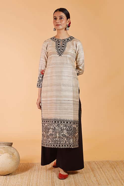 Handpainted Madhubani ' Joda Mayuri' Cotton Silk Set Palazzo — image 2 of 2