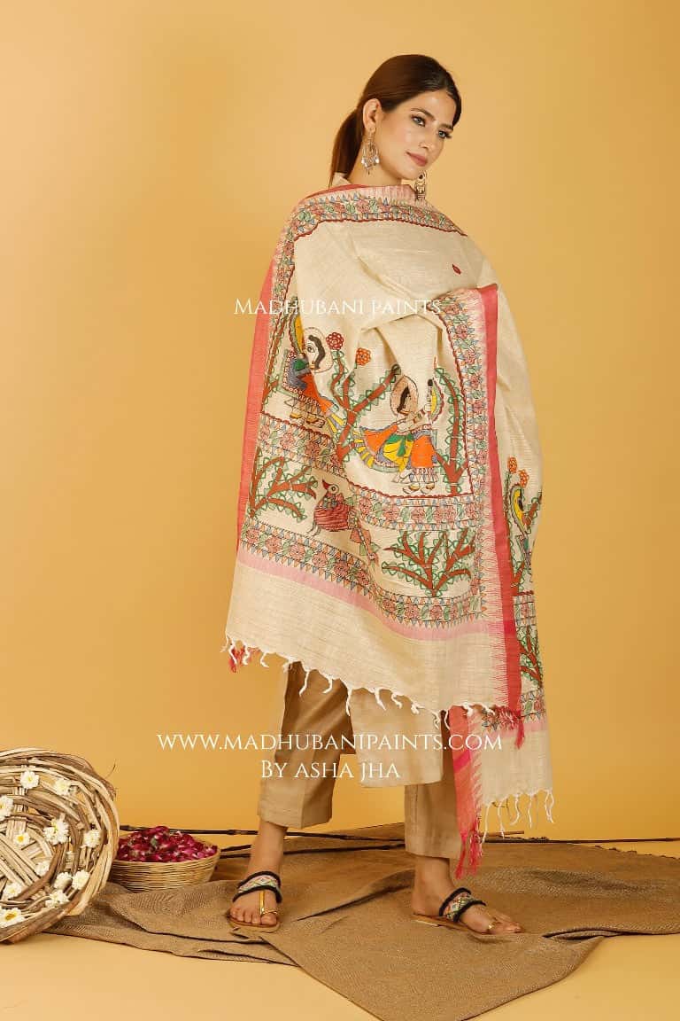 Manmohana Krishna Madhubani Handpainted Pure Handloom Cotton Dupatta — image 2 of 3