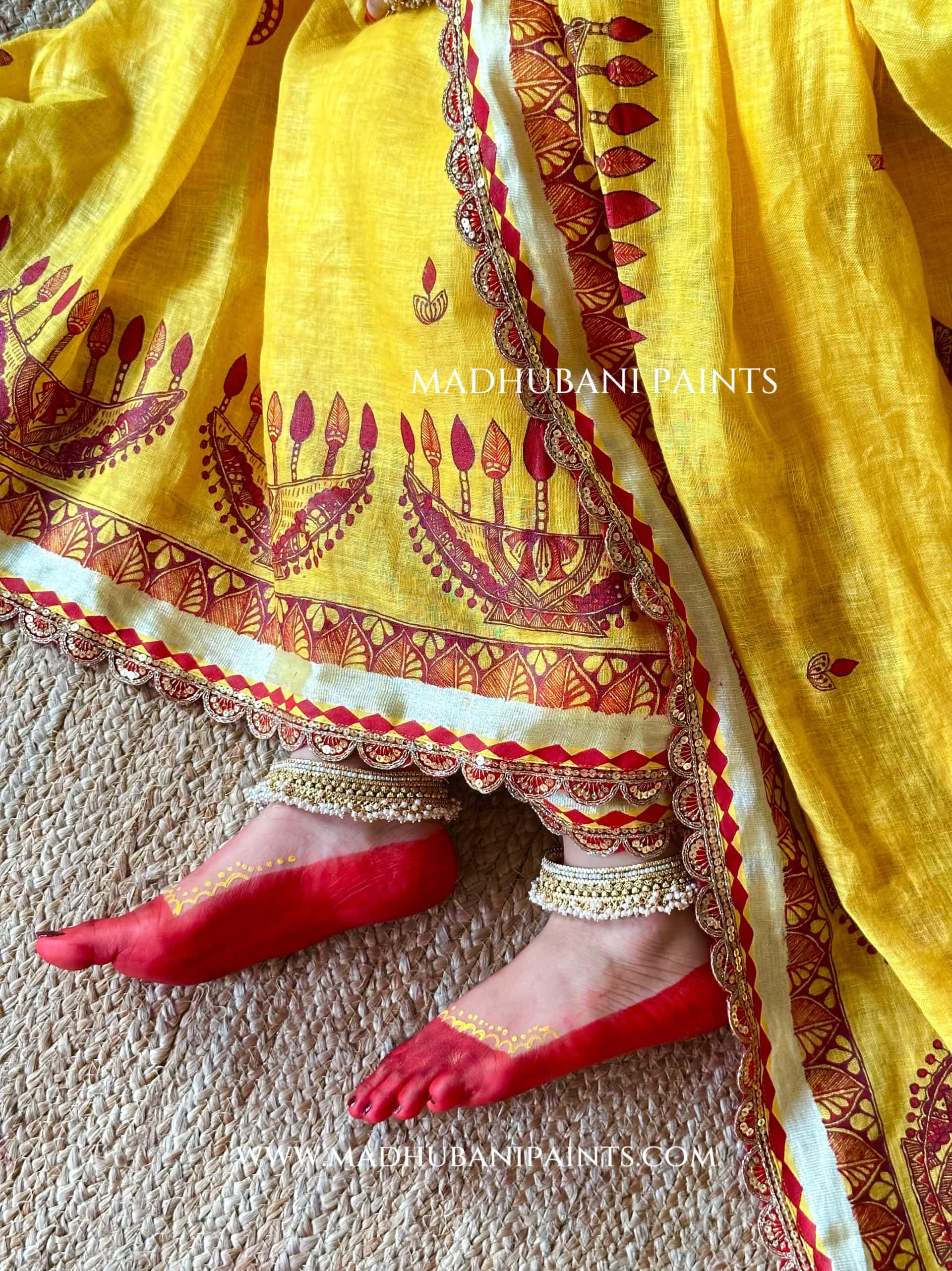 Haldi Bridal Hand-painted Madhubani Painting Saree Blouse Set — image 5 of 11
