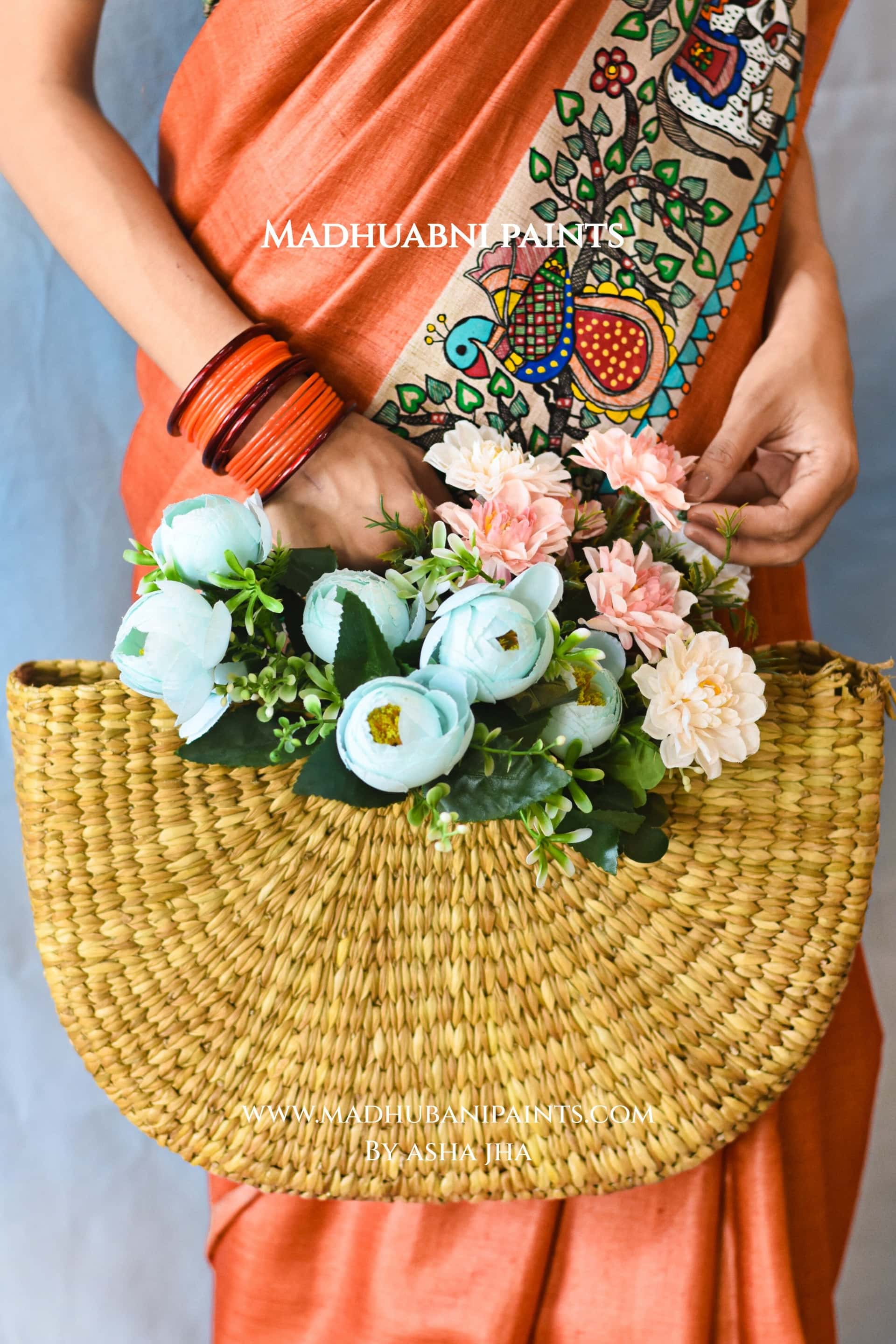 KANHA KI MAAKHAN LEELA Handpainted Madhubani Tussar Silk Saree Blouse Set — image 4 of 10