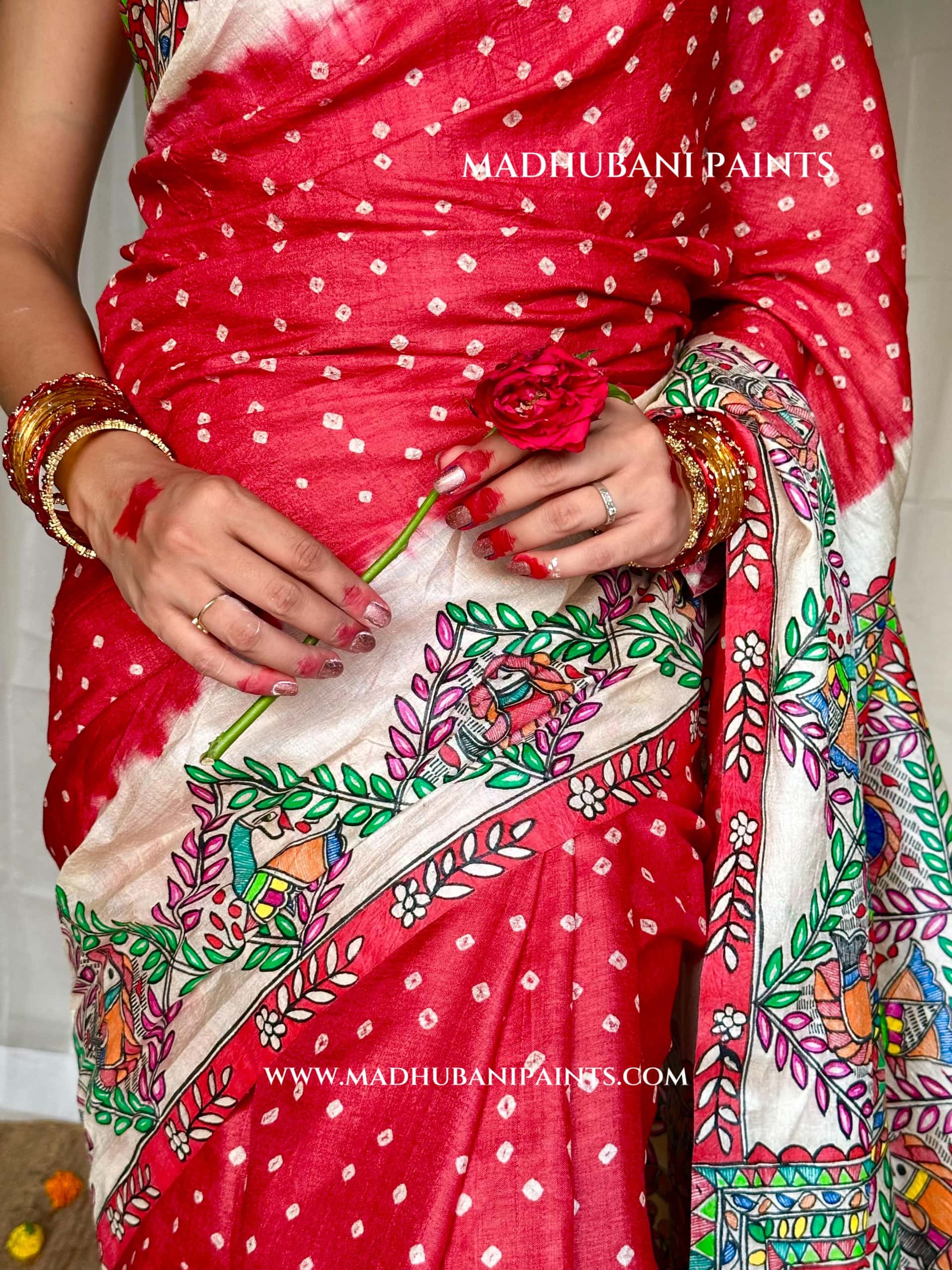 GULAB Handpainted Tussar Silk Bandhini Madhubani Saree — image 9 of 10