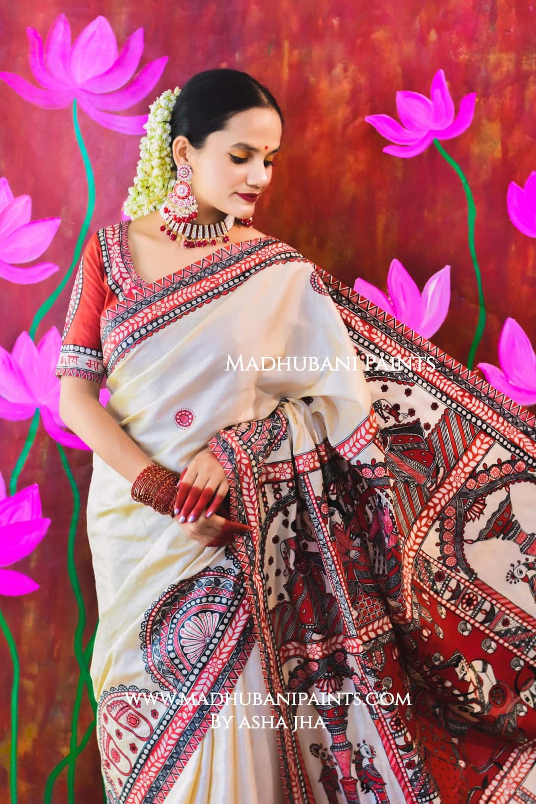 "JAYSHREE" Handpainted Madhubani Tussar Silk saree blouse set — image 7 of 9