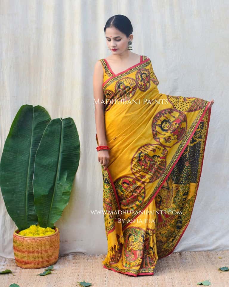'GOVARDHAN' Handpainted Madhubani Tussar Silk Saree — image 8 of 9