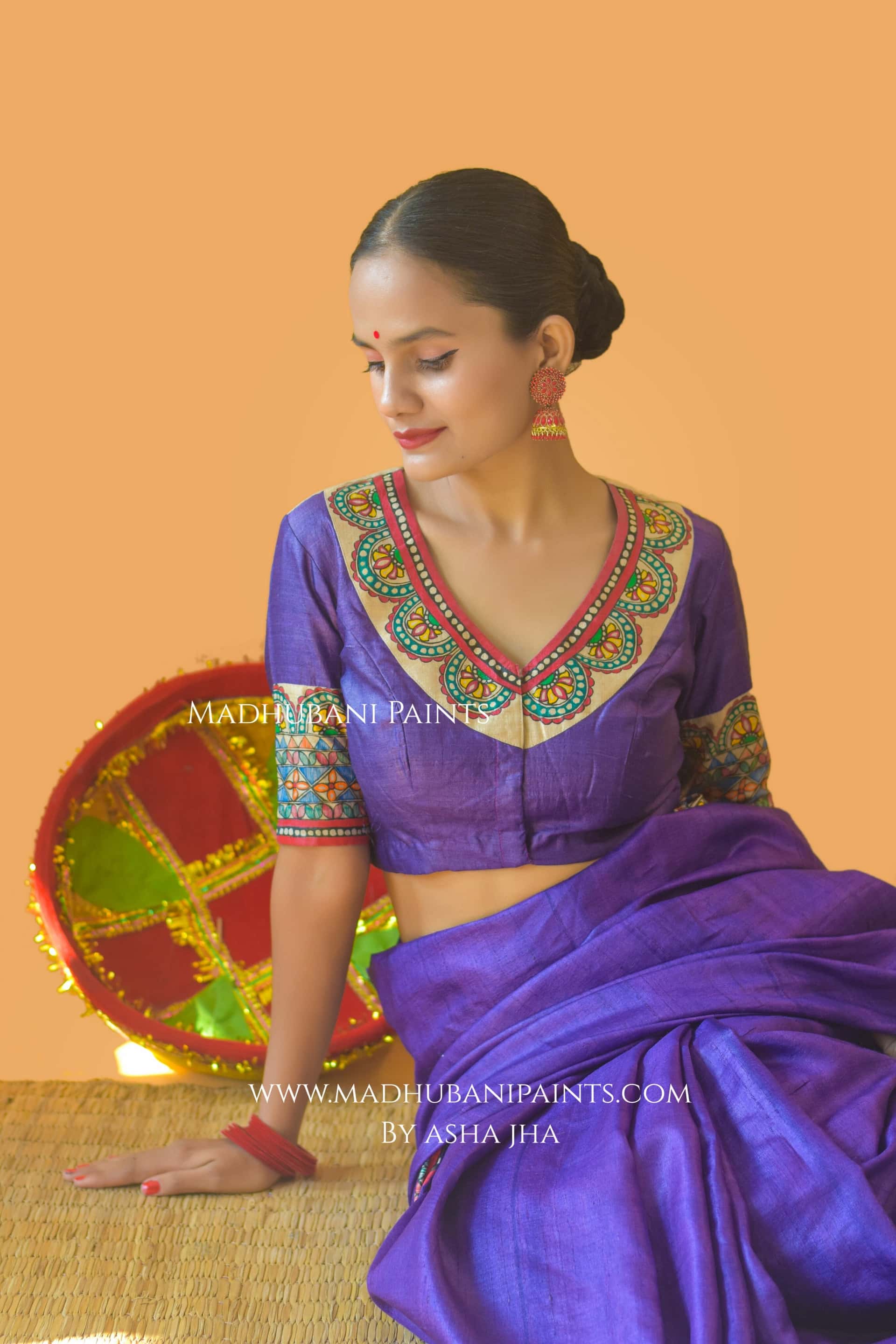 'MANOHARA' Tussar Silk Hand-Painted Madhubani Saree Blouse set — image 9 of 10