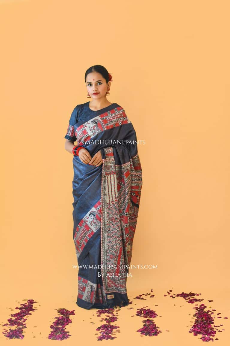 'NARAYANI' Handpainted Madhubani Tussar Silk Saree  Blouse Set — image 6 of 11