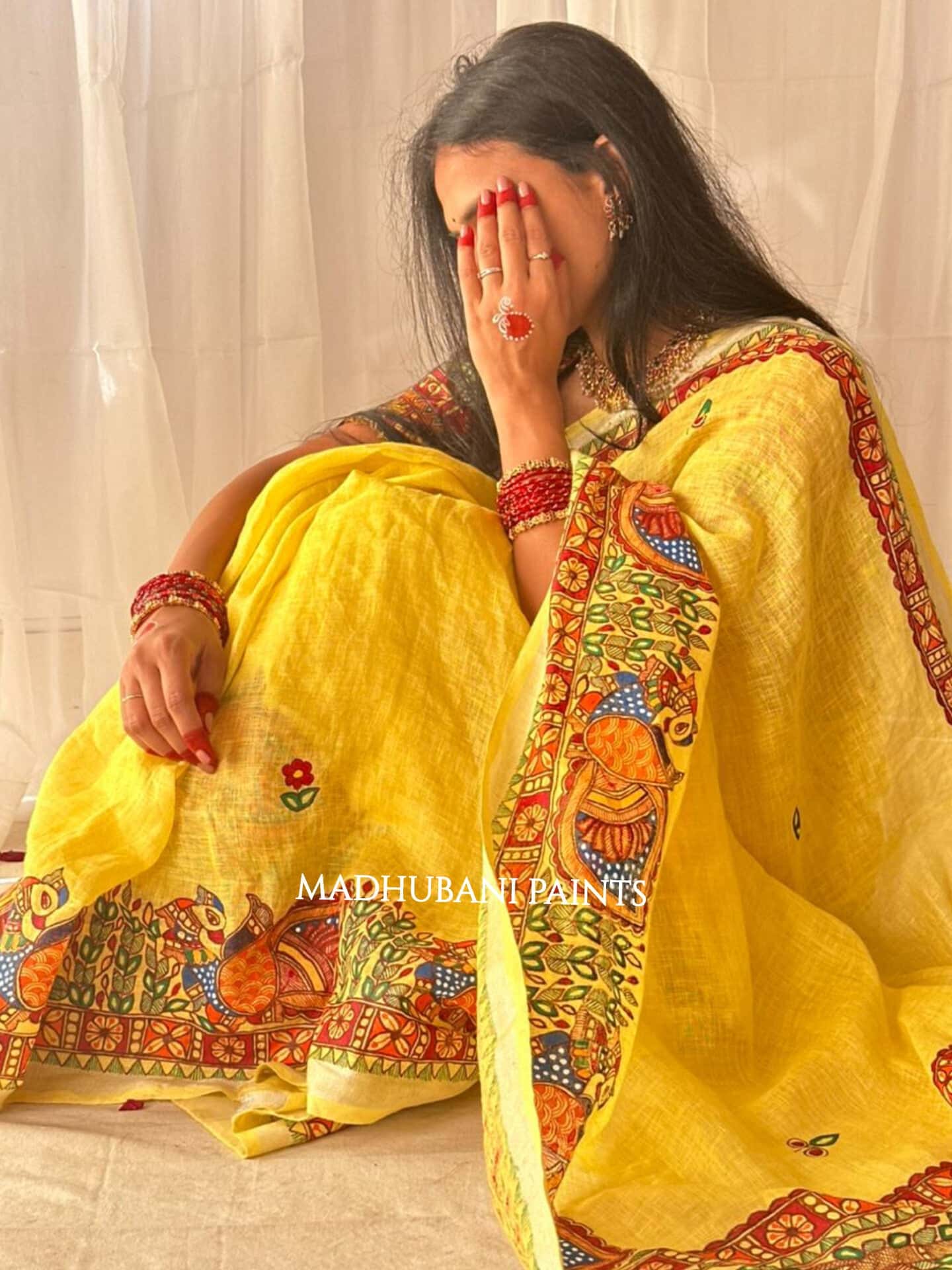 Linen Bridal Hand-painted Madhubani Painting Saree Blouse Set — image 6 of 10