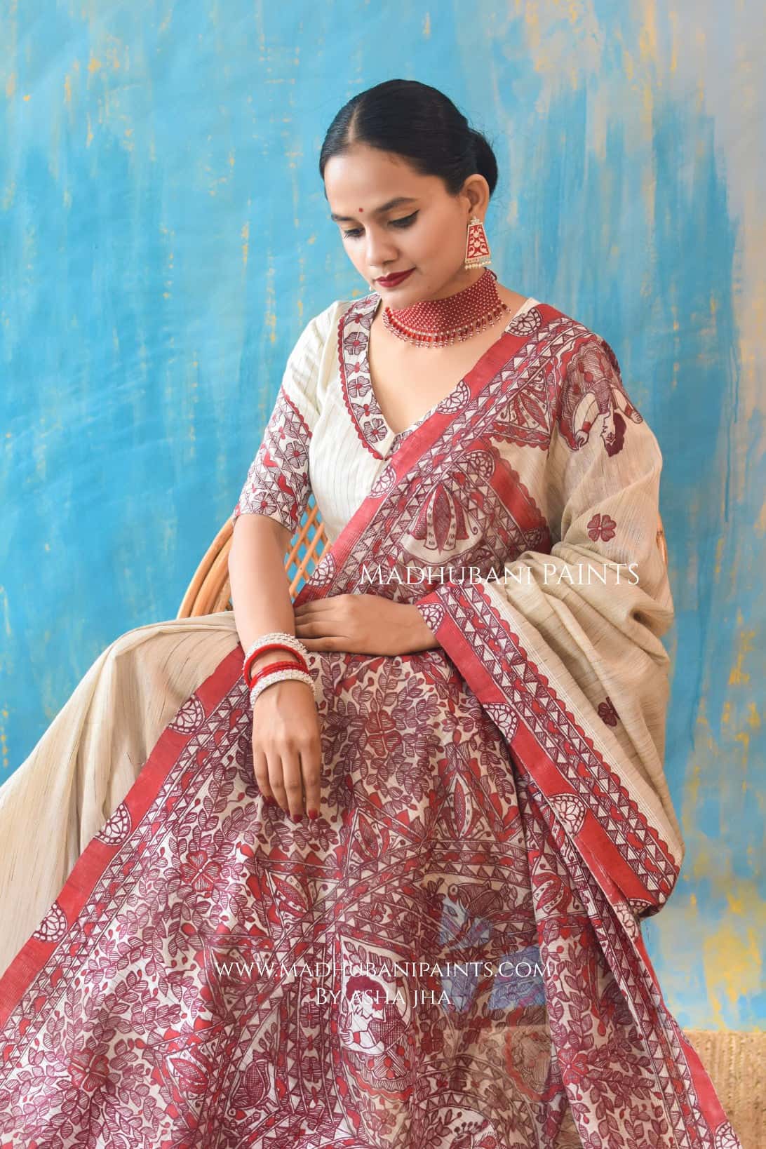 LAAL GUDIYA Hand-painted Madhubani Chanderi Saree — image 3 of 6