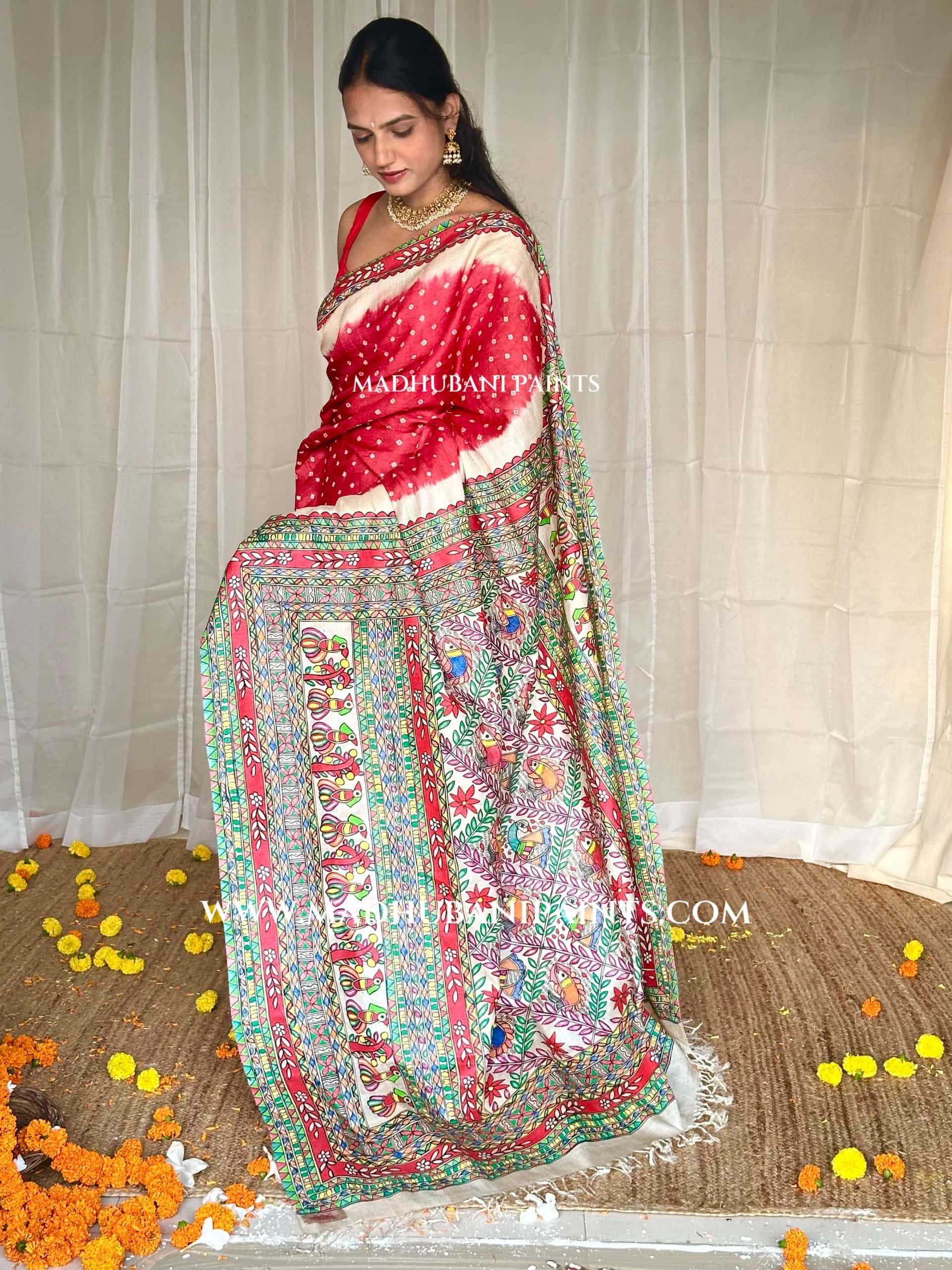 GULAB Handpainted Tussar Silk Bandhini Madhubani Saree — image 2 of 10