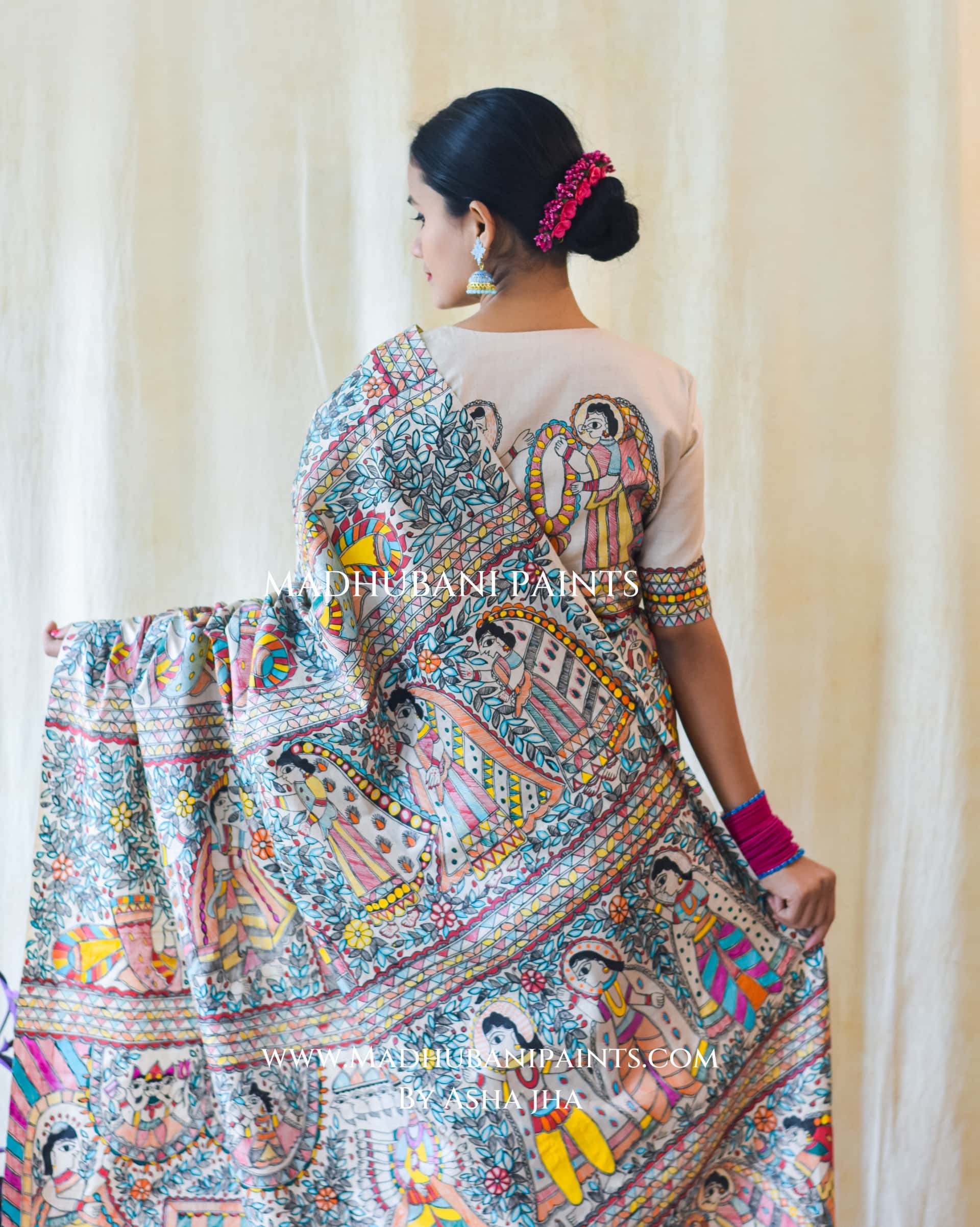 NEEL RAMAYAN Half Work Hand-painted Madhubani Tussar Silk Saree — image 6 of 10