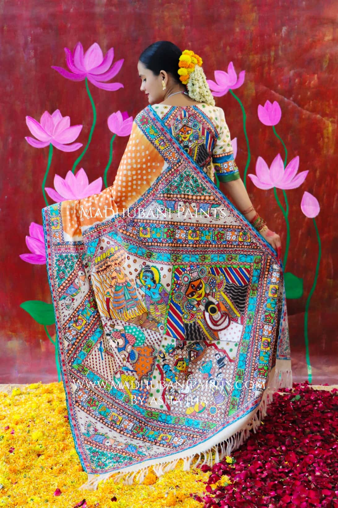"BHARAT KA DUSSEHRA" Handpainted Madhubani Bandhini Tussar Silk Saree Blouse set — image 6 of 8