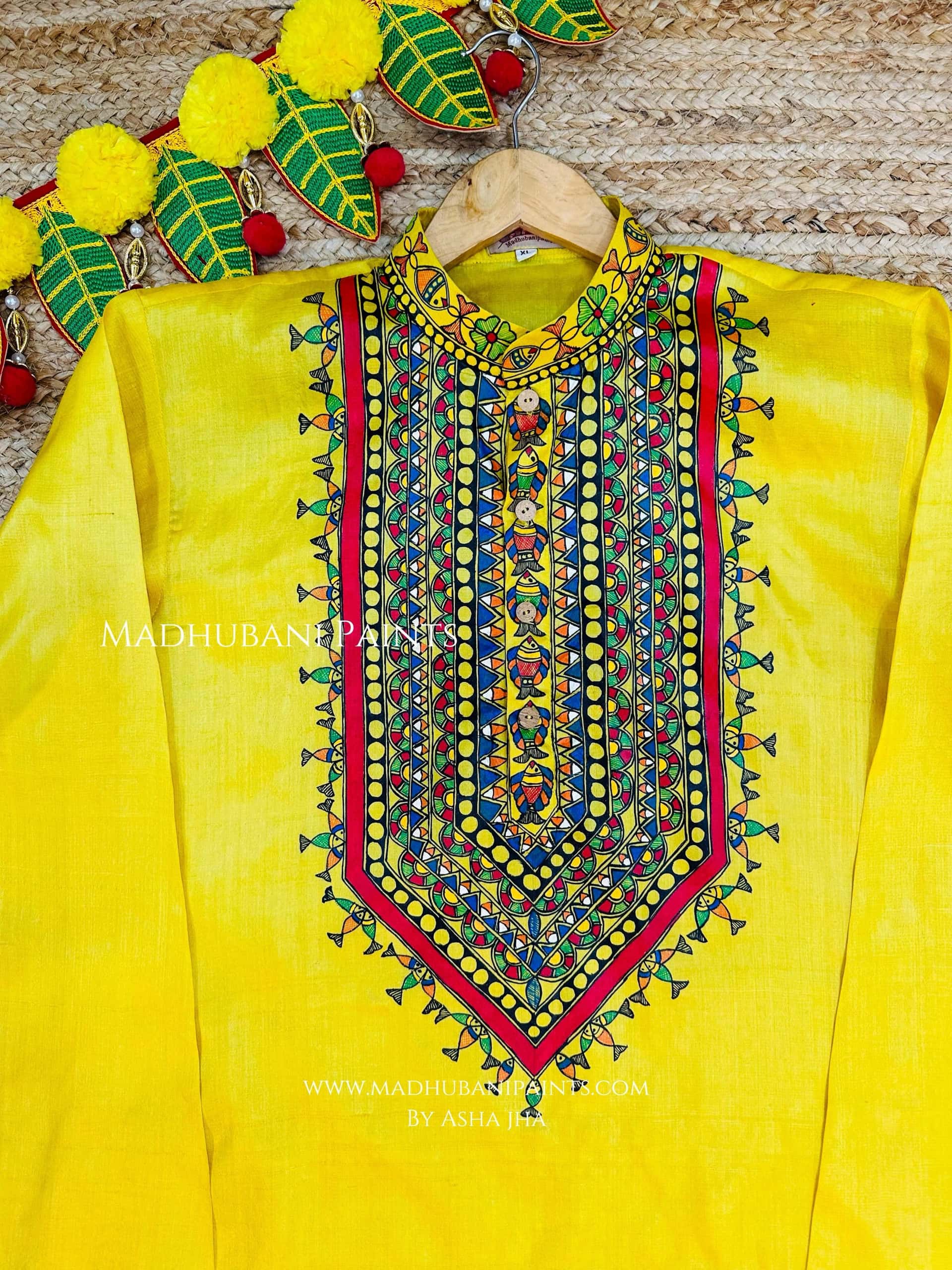 Yellow Surmai Kamal Hand-painted  Madhubani Men's Tussar Silk Kurta — image 2 of 4