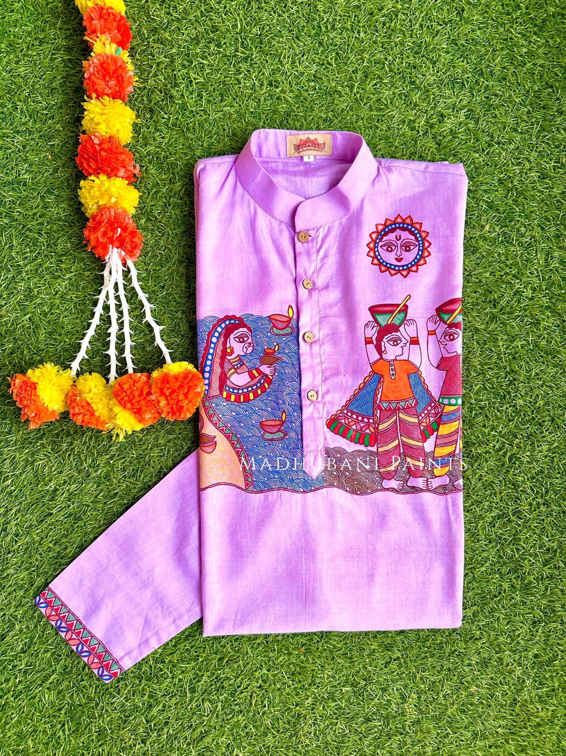 Purple Chhath Puja Hand-painted  Madhubani Men's Cotton Kurta — image 2 of 4