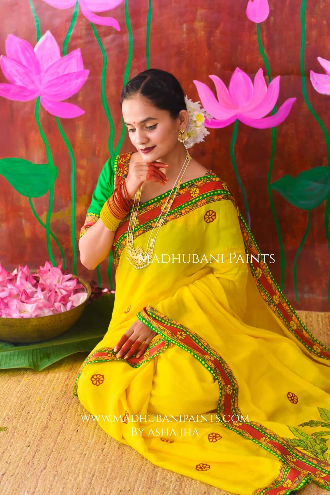 SURYA VANDANA Chhath Puja Handpainted Madhubani Chiffon Saree Blouse Set — image 3 of 11