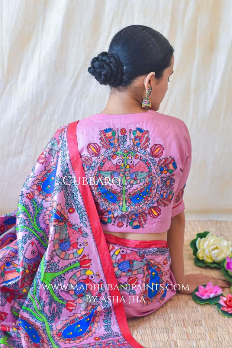 GULABI MAYURI DOLI Madhubani Painting Saree Blouse set — image 5 of 9