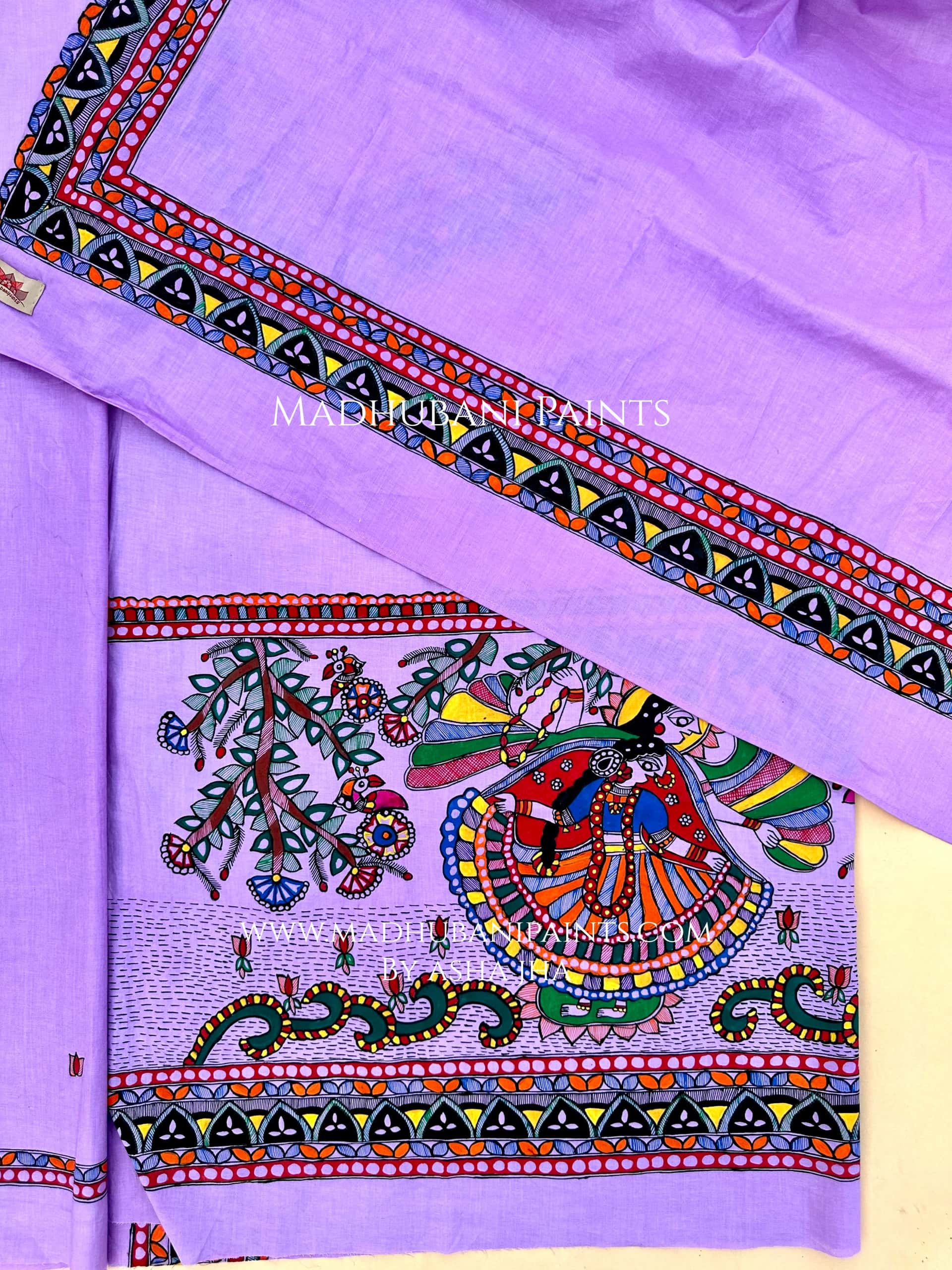 Lilac Radha Krishna Hand-painted Madhubani Painting Cotton Unstitched Kurta Pant Dupatta Set — image 2 of 3
