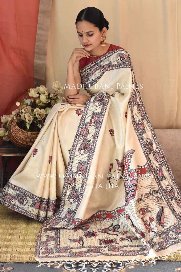 'MATSYA AVATAR' Handpainted Madhubani Tussar Silk Saree — image 10 of 12