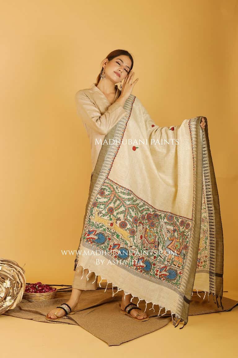 Ele Vrindavan Madhubani Handpainted Pure Handwoven Cotton Dupatta