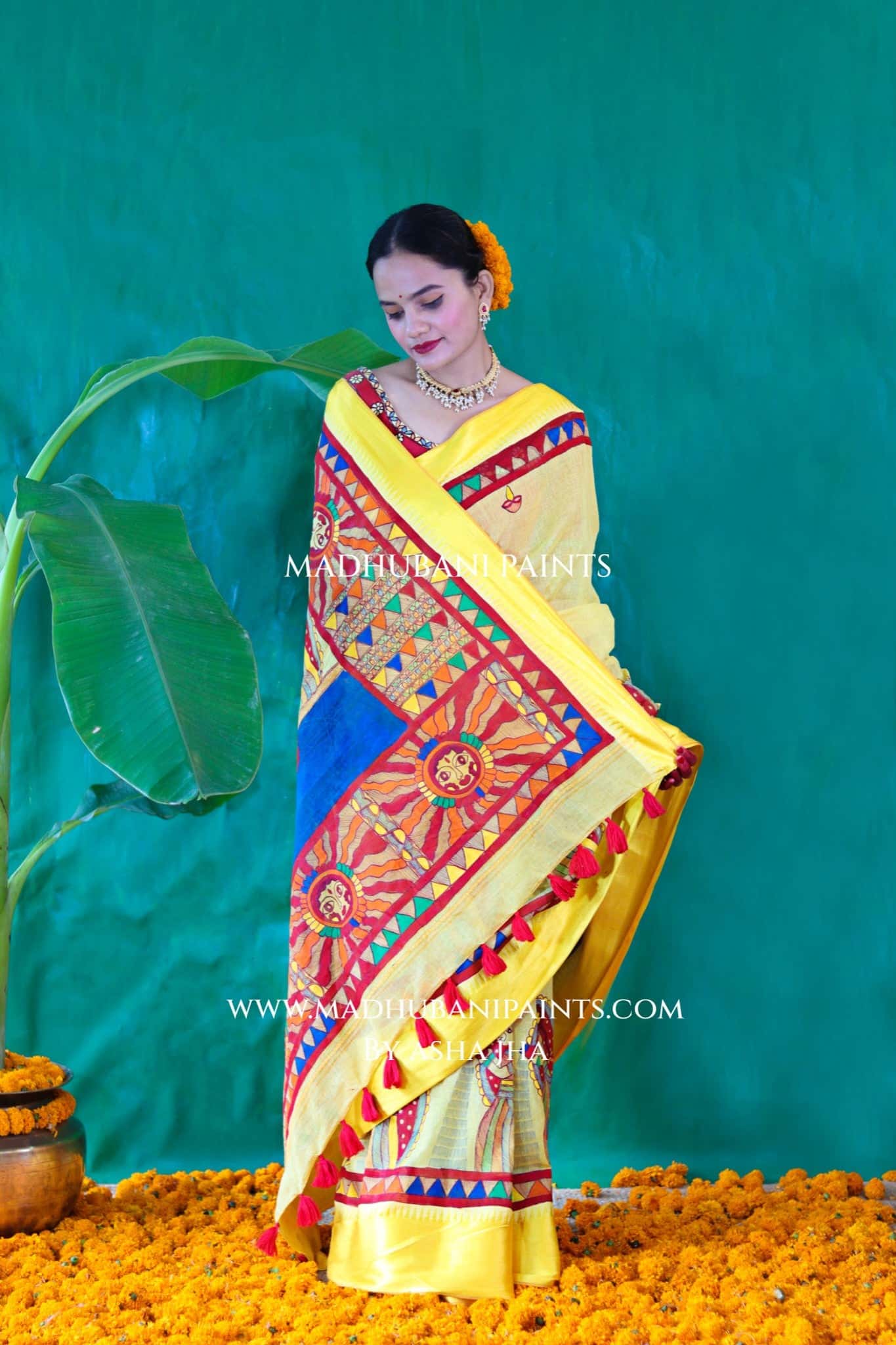 Chhath Puja Handpainted Madhubani Handloom Cotton Saree — image 4 of 9