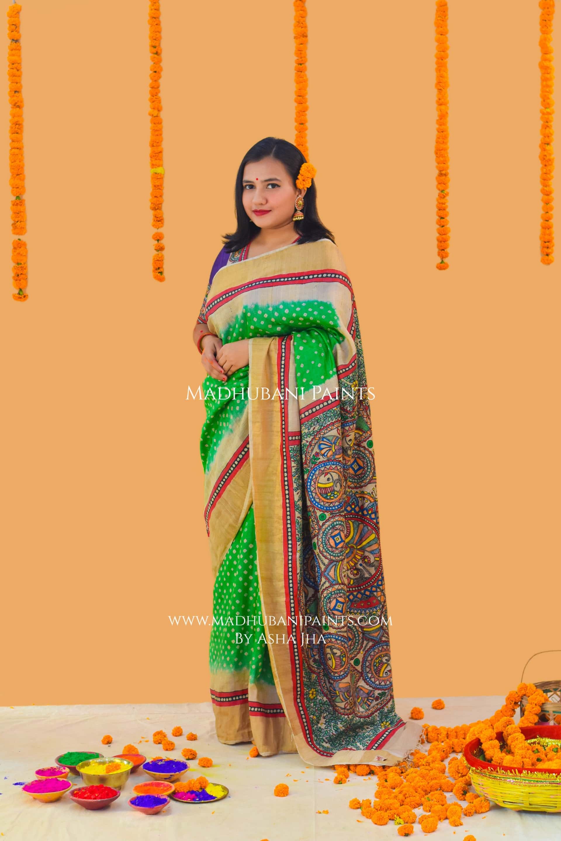 SURMAI MAYUR MANDALA Hand-painted Bandhini Madhubani Saree — image 3 of 7