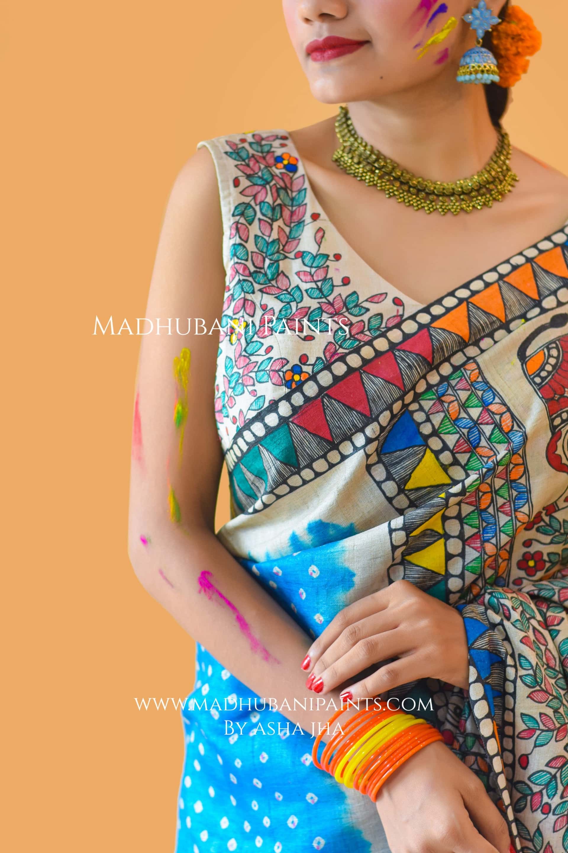 VANDURGA Hand-painted Madhubani Bandhini Saree — image 2 of 8