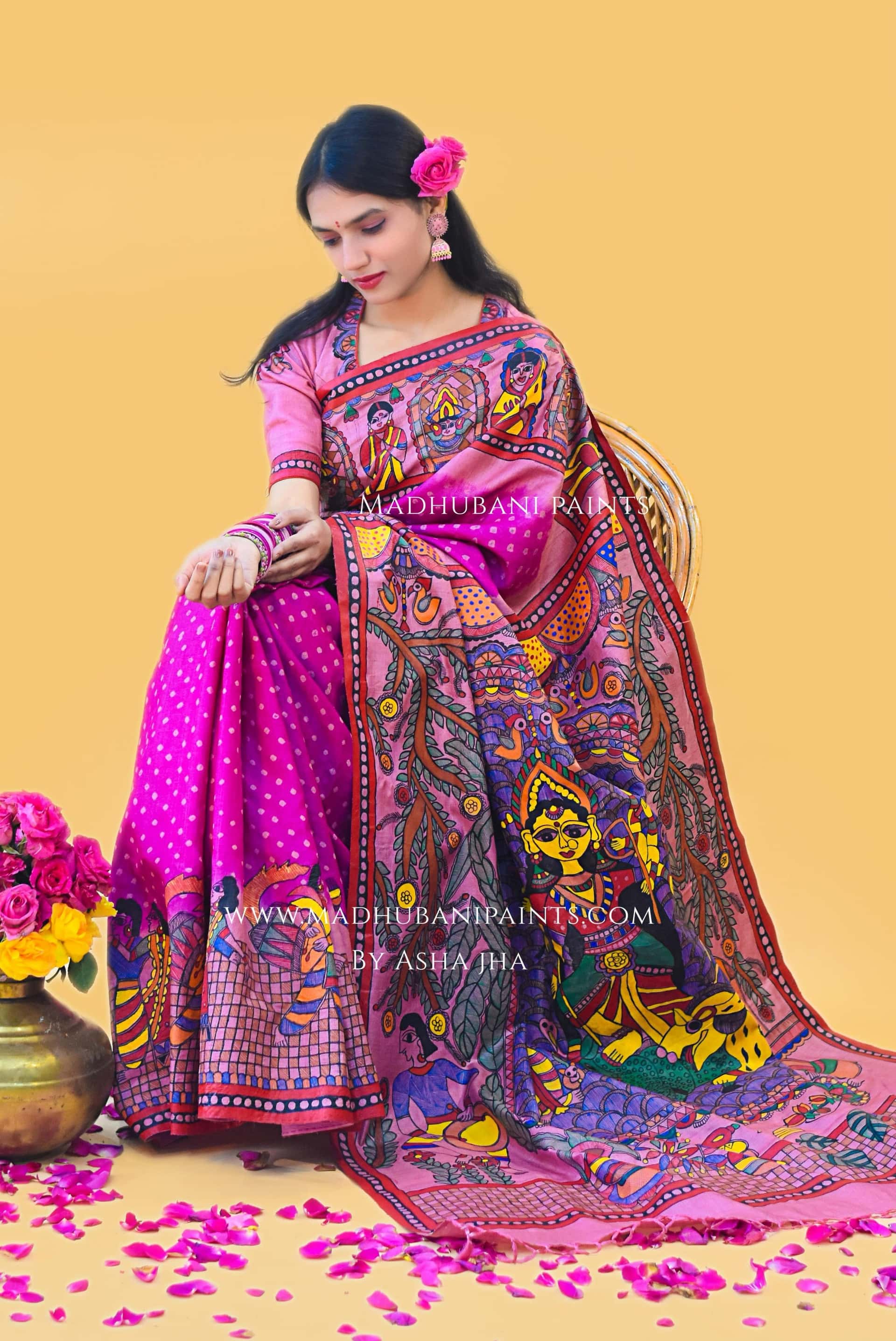 "GULABI DURGA" Handpainted Madhubani Bandhini Tussar Silk Saree Blouse set — image 7 of 9