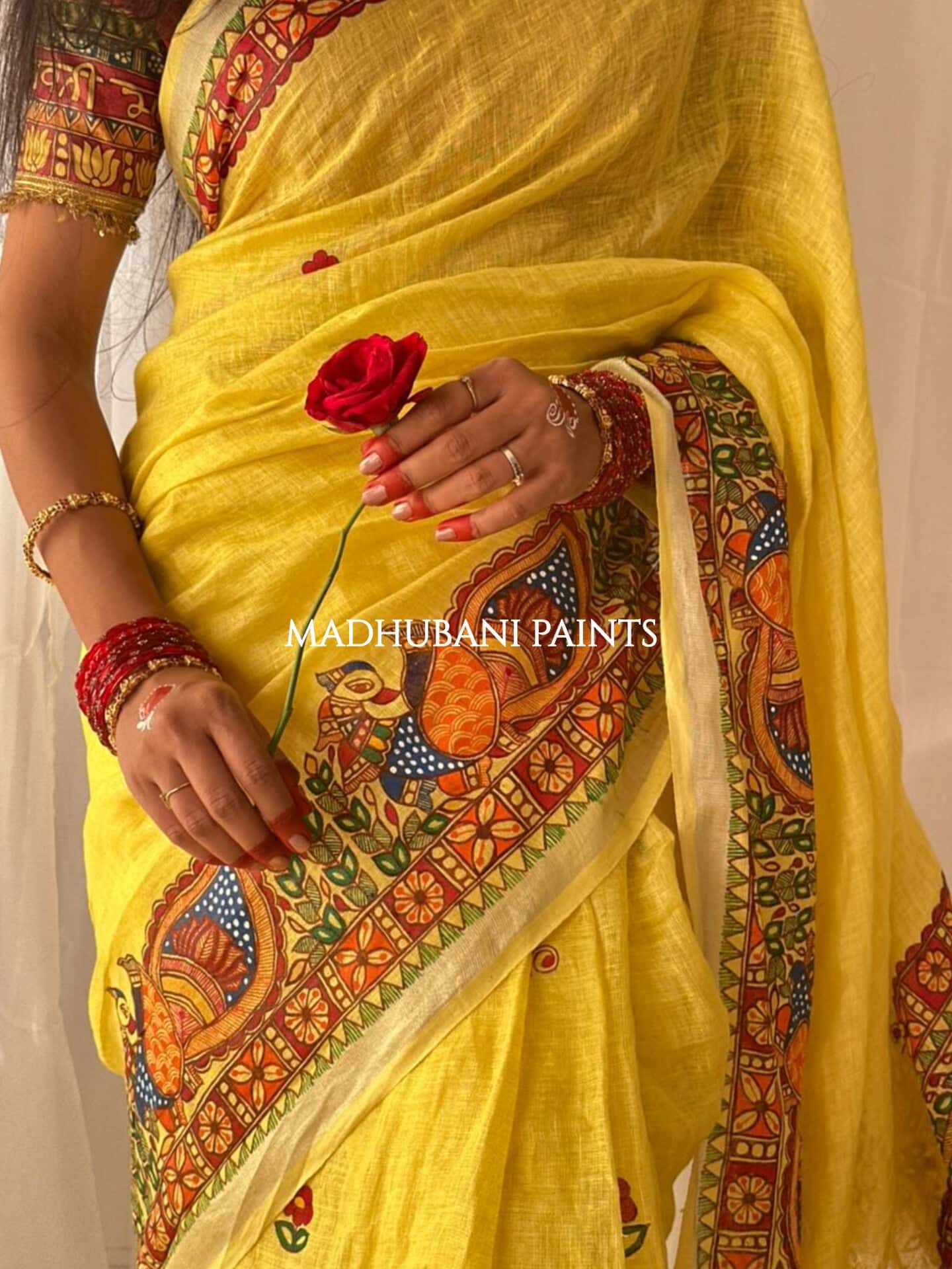 Linen Bridal Hand-painted Madhubani Painting Saree Blouse Set — image 7 of 10