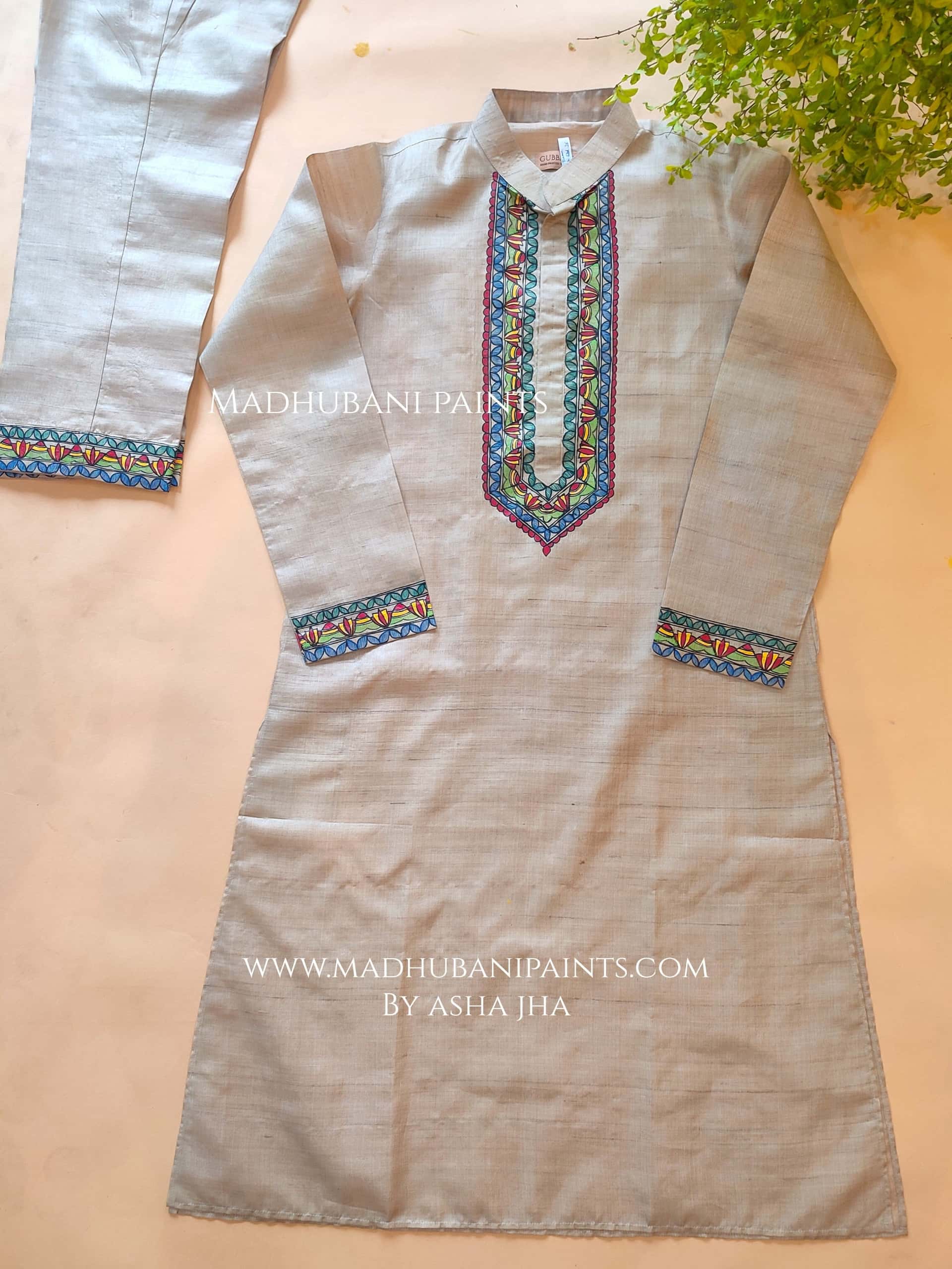 Minimal Mithila Hand-painted Beige Madhubani Men's Tussar Silk Kurta — image 2 of 3
