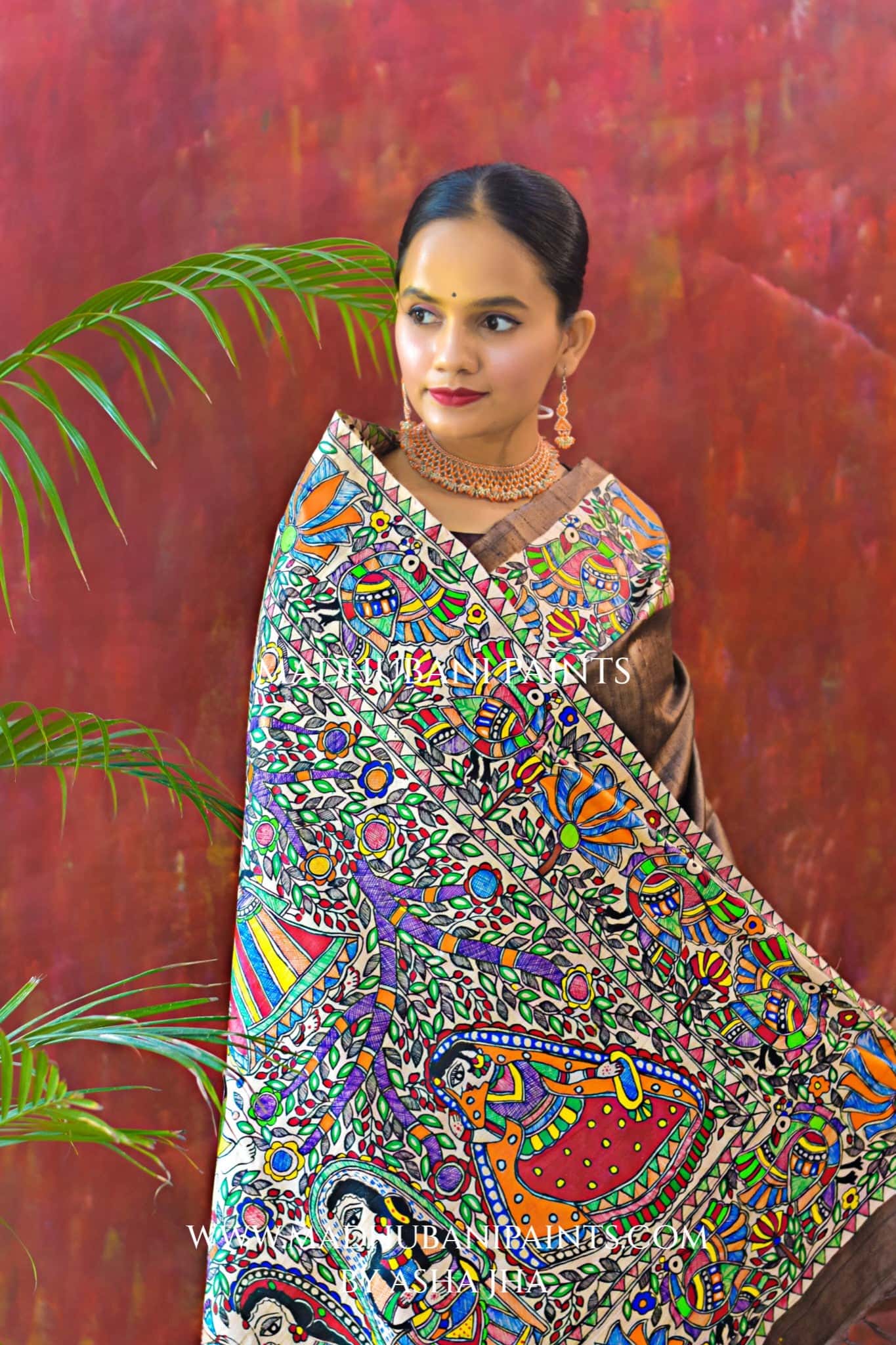 RADHA KRISHNA VRINDAVAN Hand-painted Madhubani Tussar Silk Saree — image 3 of 6