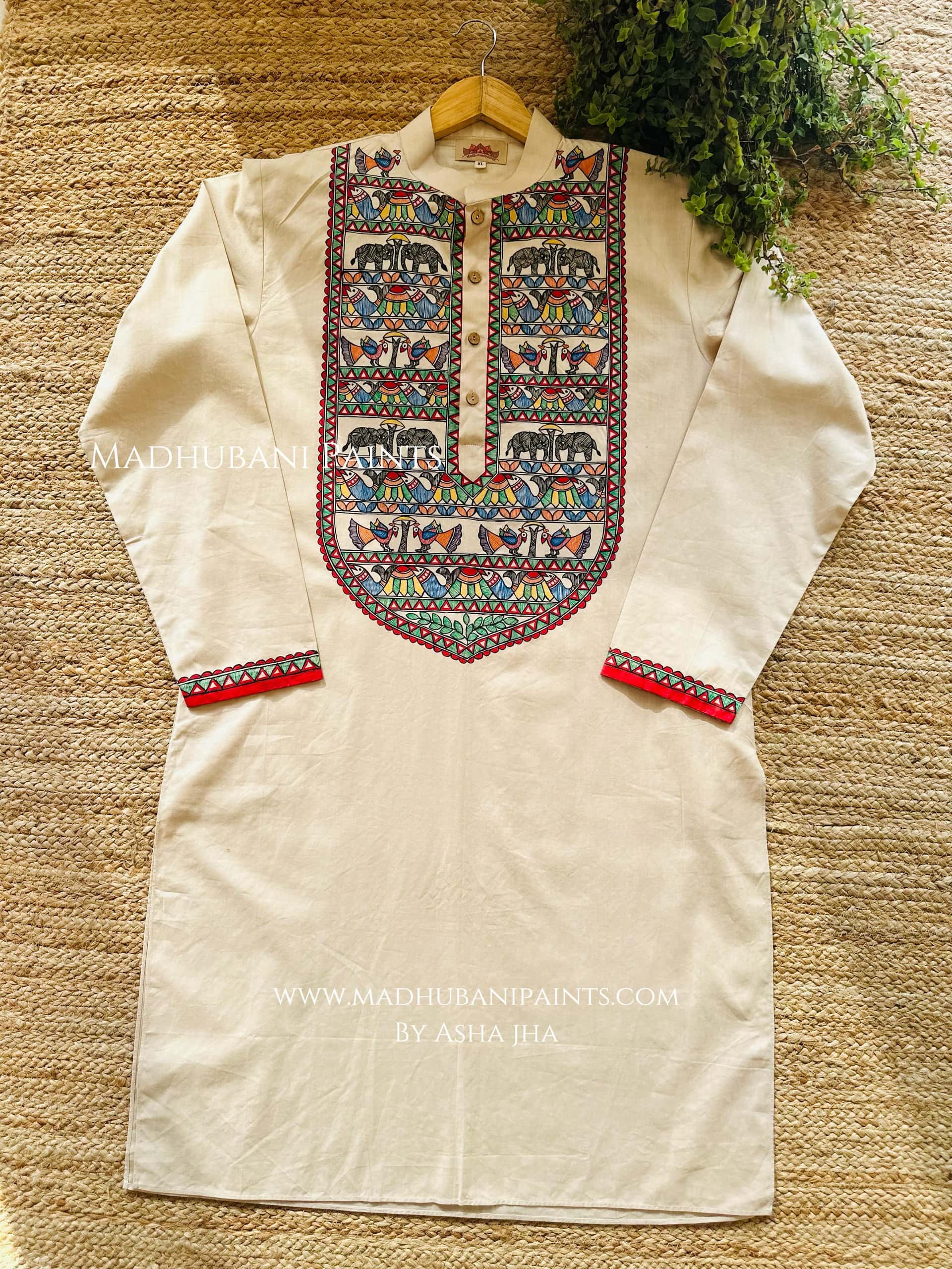 Hathi Mor Machli Hand-painted  Madhubani Men's Cotton Kurta — image 2 of 4