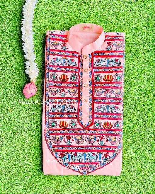 Pink Hathi Mor Machli  Hand-painted  Madhubani Men's Cotton Kurta — image 2 of 5