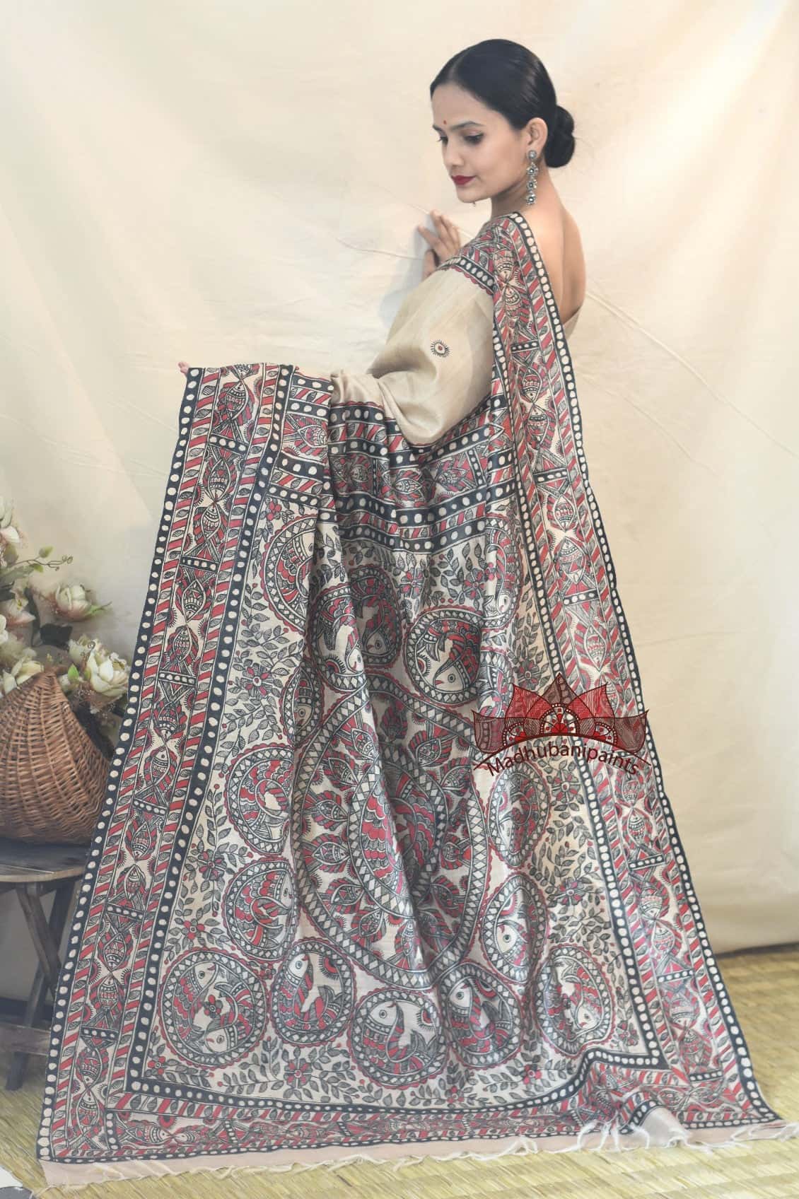 Madhubani Surmain Laal Kala Kachni Bharni Saree — image 6 of 9