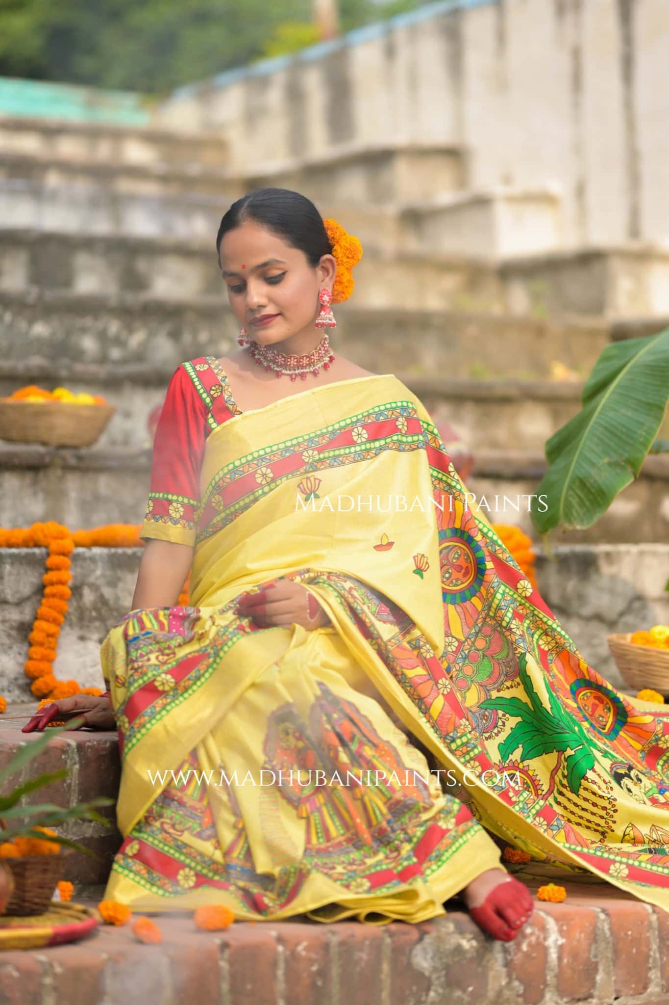 Surya Shalini Chhath Puja Handpainted Madhubani Cotton Saree — image 12 of 13