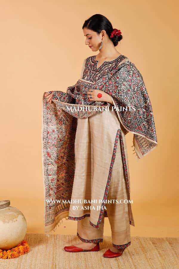 'Surmai & The Lotus' Handpainted Madhubani Tussar Silk Dupatta — image 2 of 2