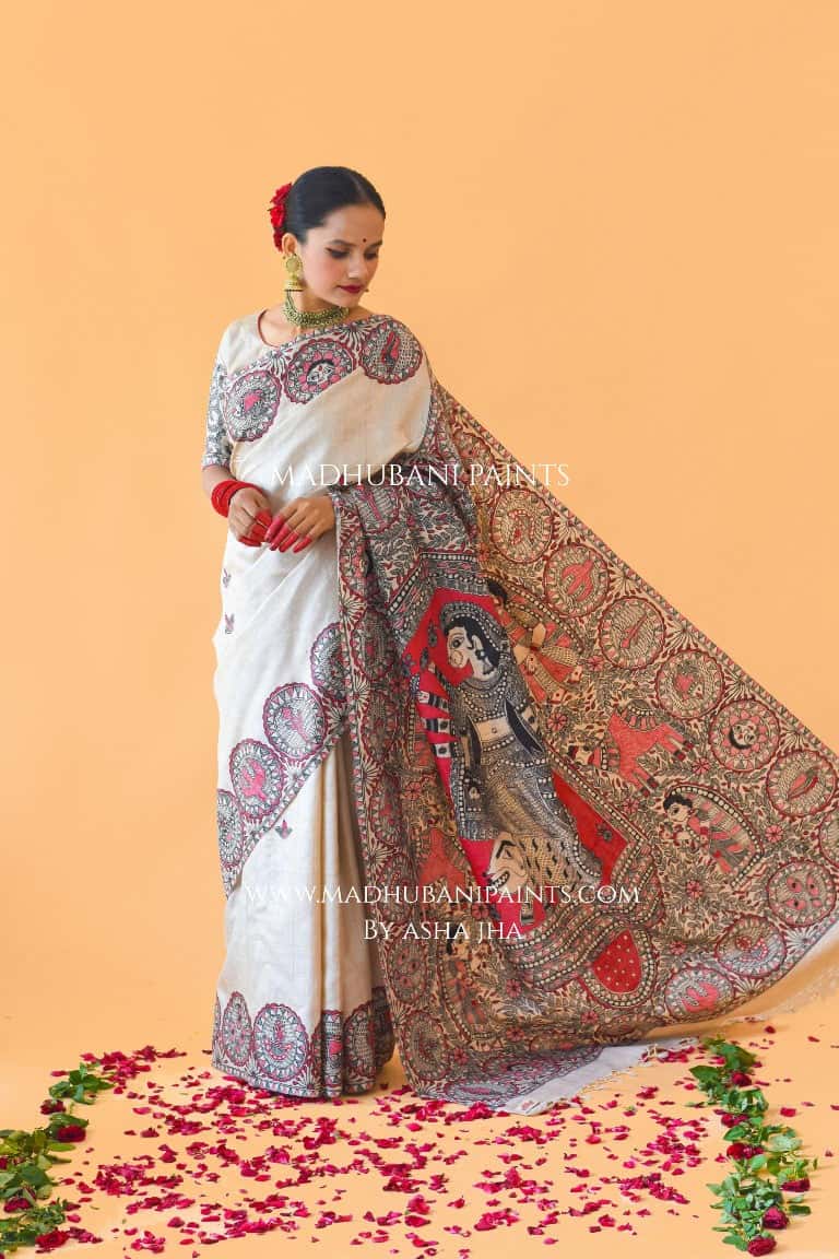 'SUNDARI' Handpainted Madhubani Tussar Silk Saree Blouse Set — image 7 of 11