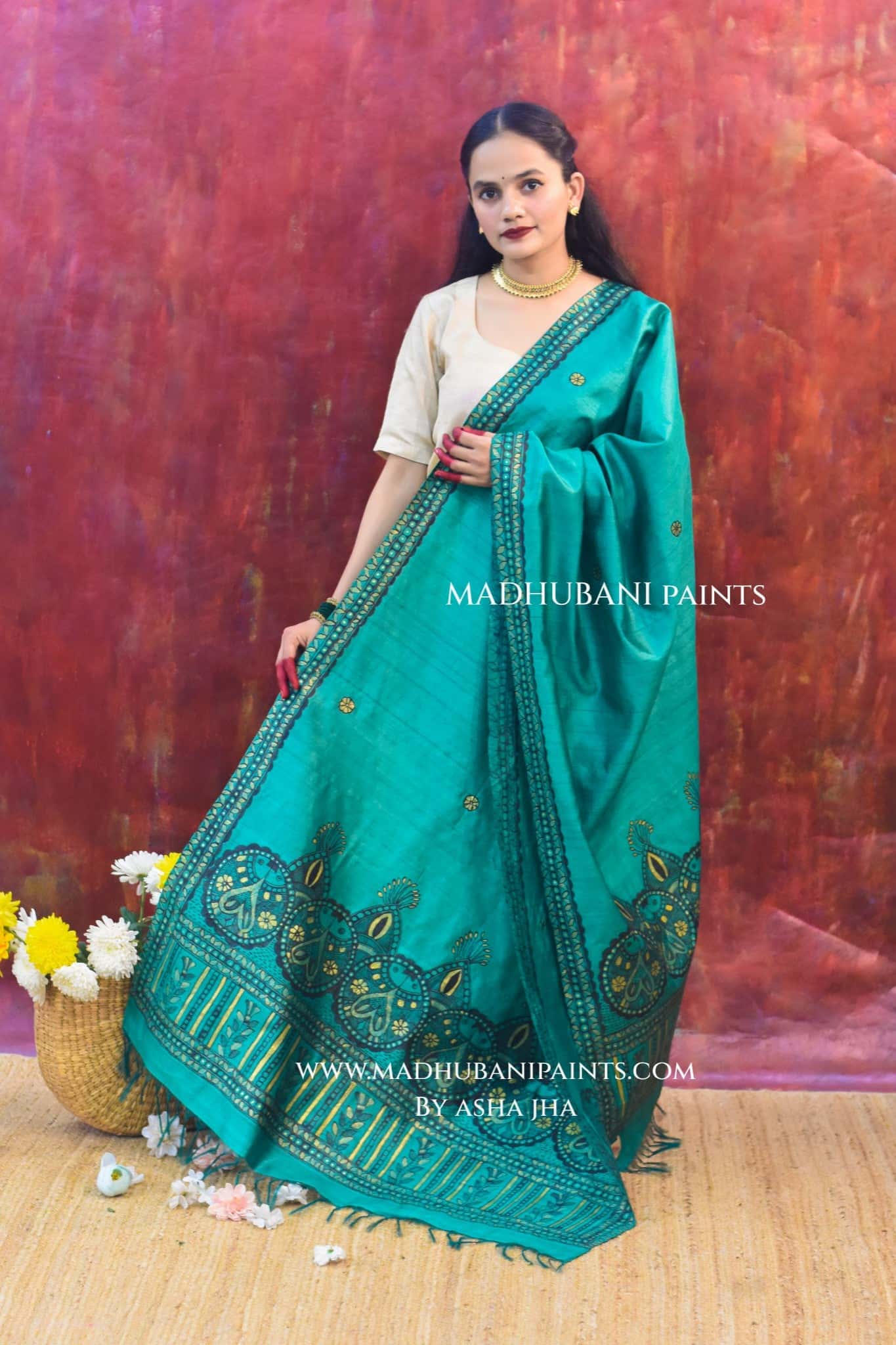 'HARIYALI RANG' Handpainted Madhubani Tussar Silk Dupatta — image 6 of 8