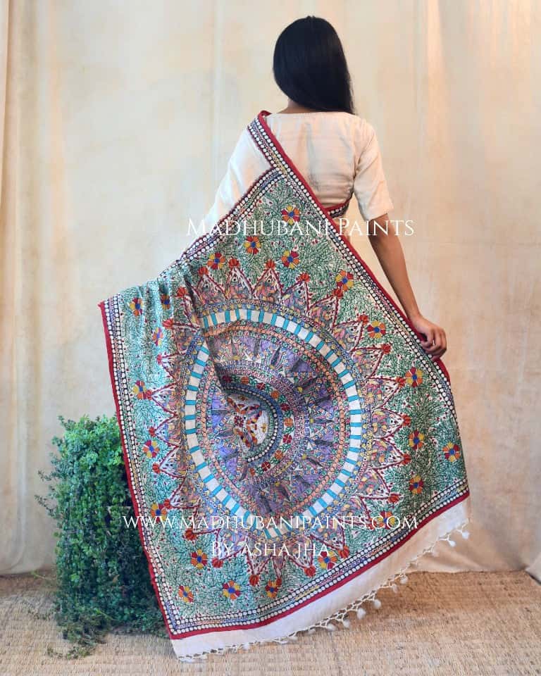 Handpainted Madhubani 'BAGIYA' Tussar Silk Saree — image 4 of 5